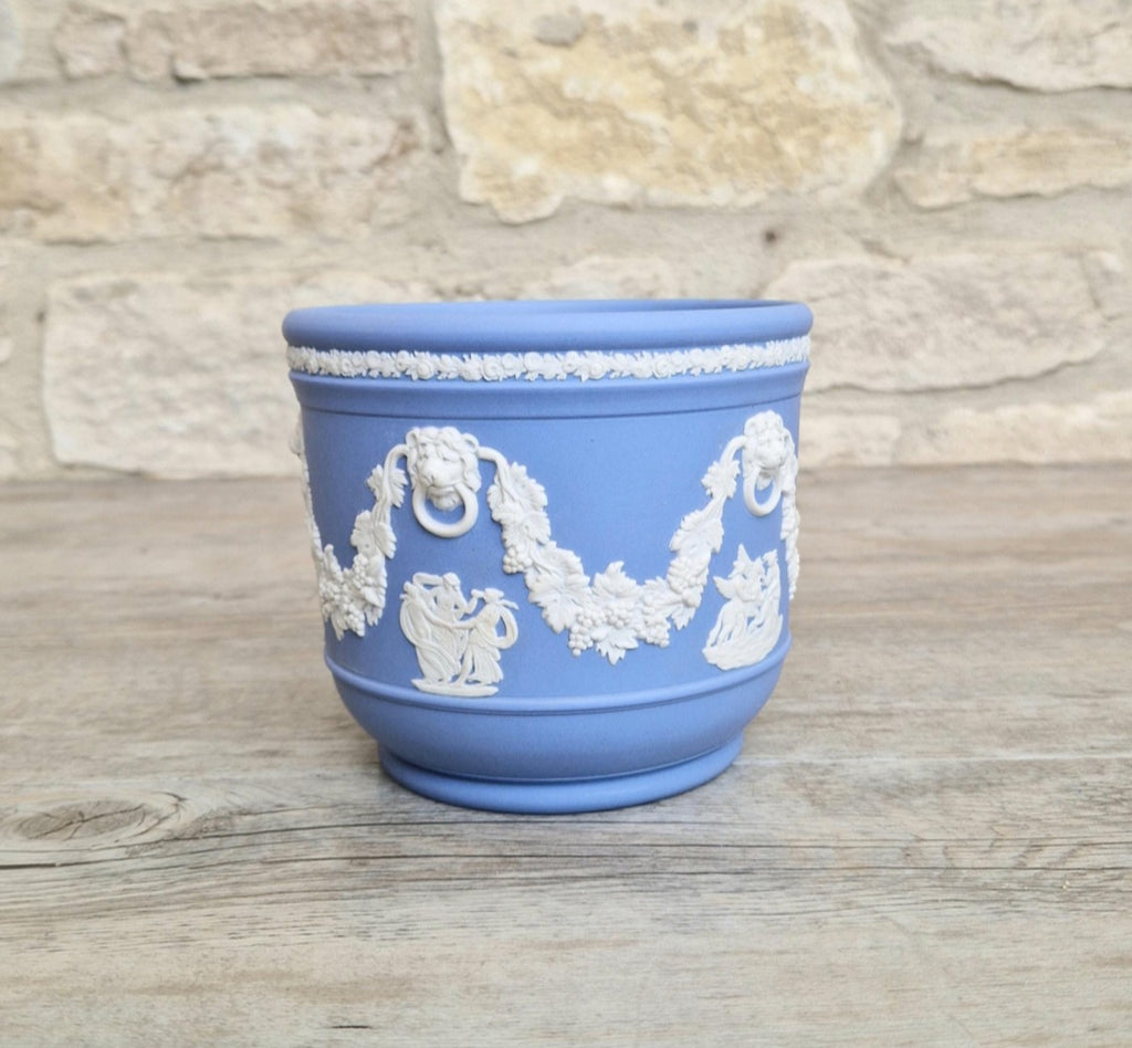 Wedgwood Jasperware Blue & White Neoclassical Sprigged Cachepot Planter Vase