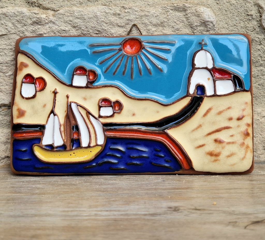 Vintage Dedallos Co Greek Ceramic Wall Plaque Handmade Mediterranean Souvenir Tile