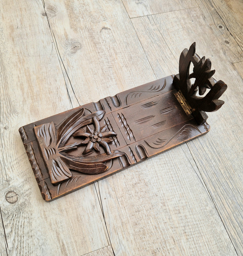 Antique Black Forest Carved Bookslide Continental Fruitwood Extending Book Shelf Rest c.1910