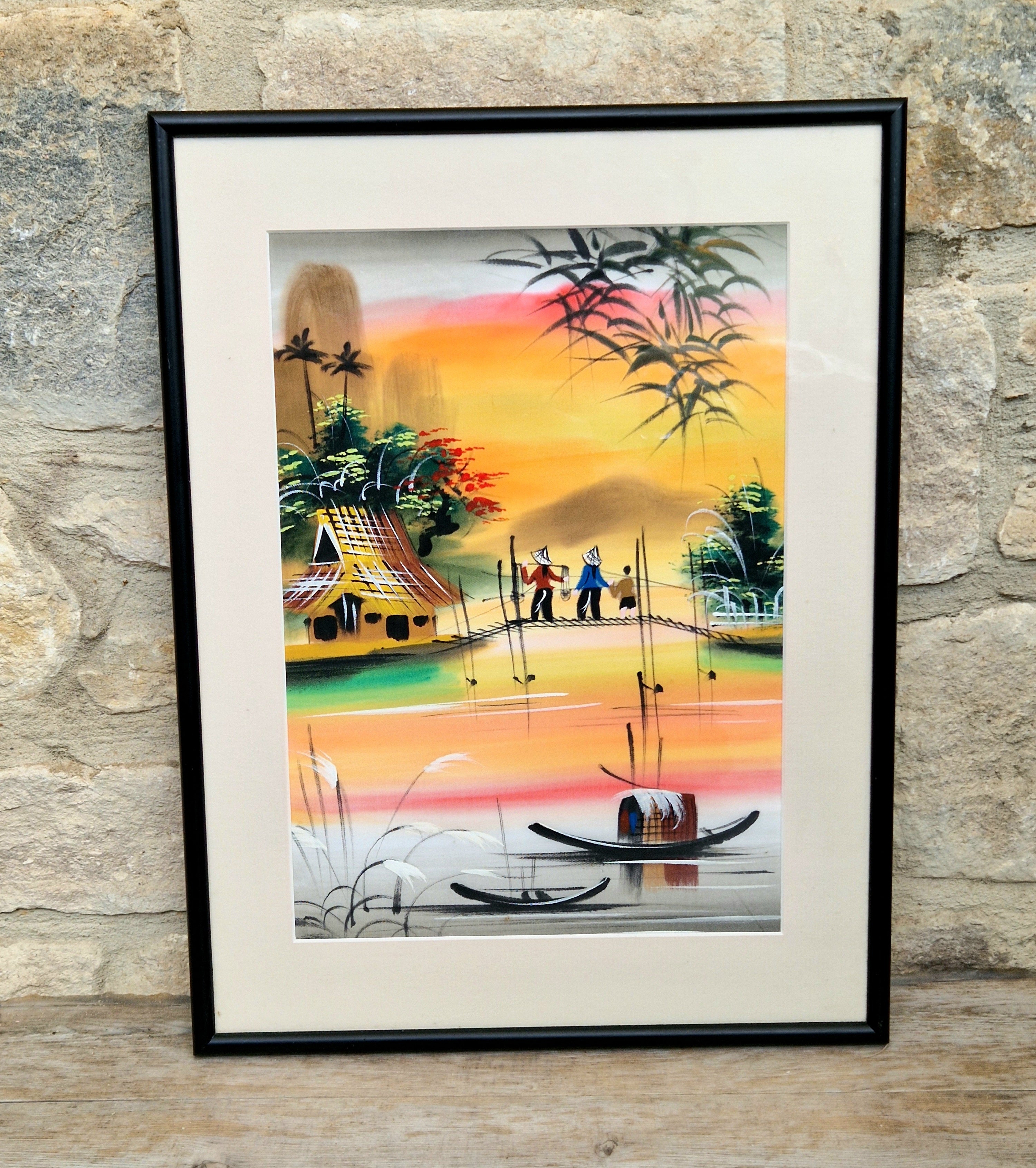 Vietnamese Silk Painting Framed Sunset River Scene Art Designed Traditional Asian Vintage Wall Decor