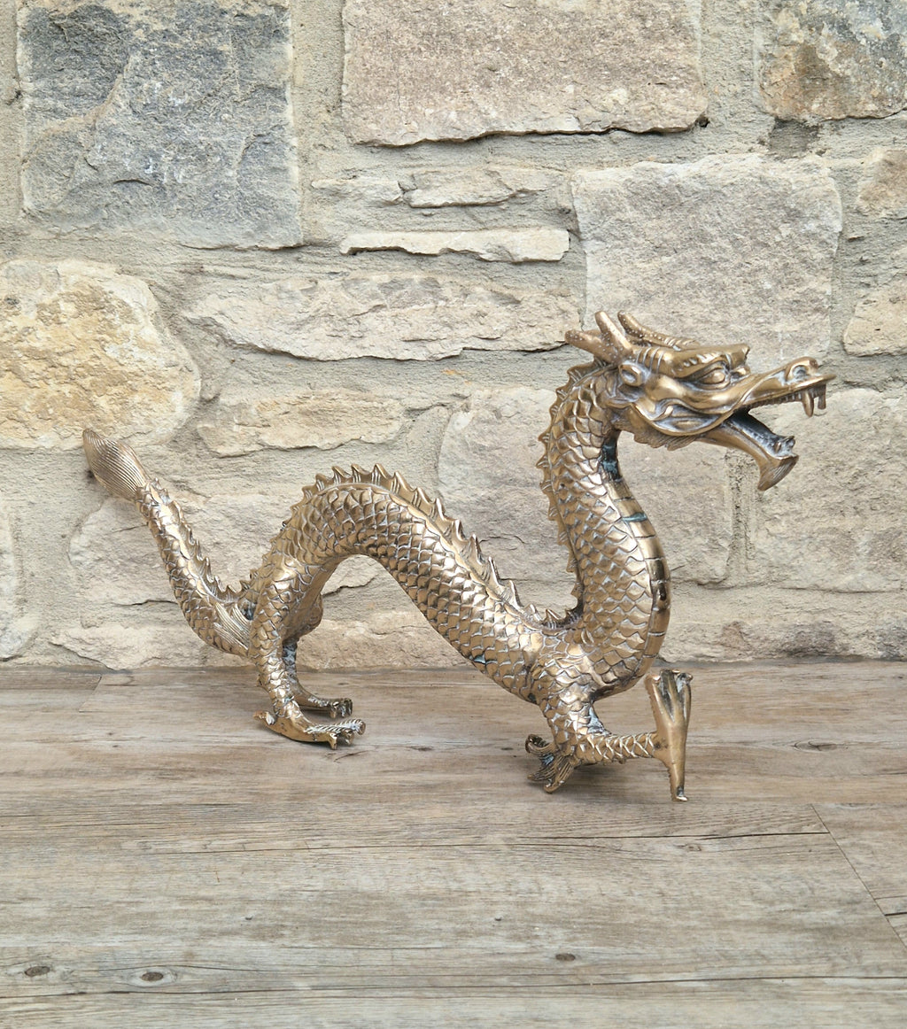 Mid Century High Quality Large Sand-Cast Brass Heavy Chinese Mythical Dragon Figure 51cm