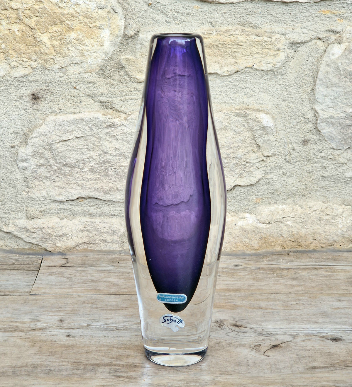 Vintage Smålandshyttan Sweden Amethyst Glass Vase Josef Schott Double Label Mid Century 20cm