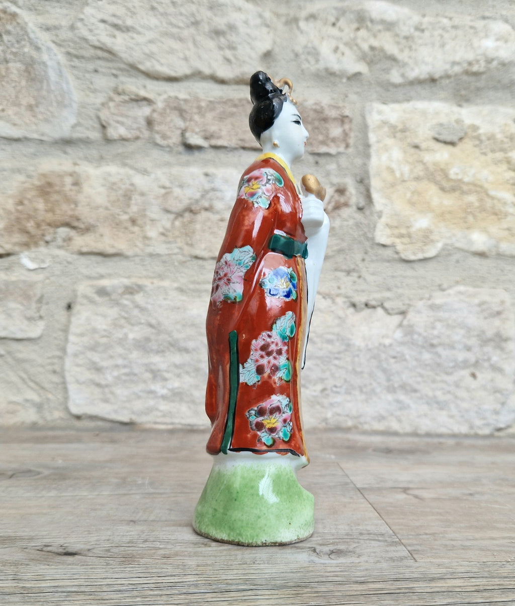 Antique Chinese Qing Hand-Painted Porcelain Figurine Statue Ho Hsien-Ku Daoist Immortal Maiden