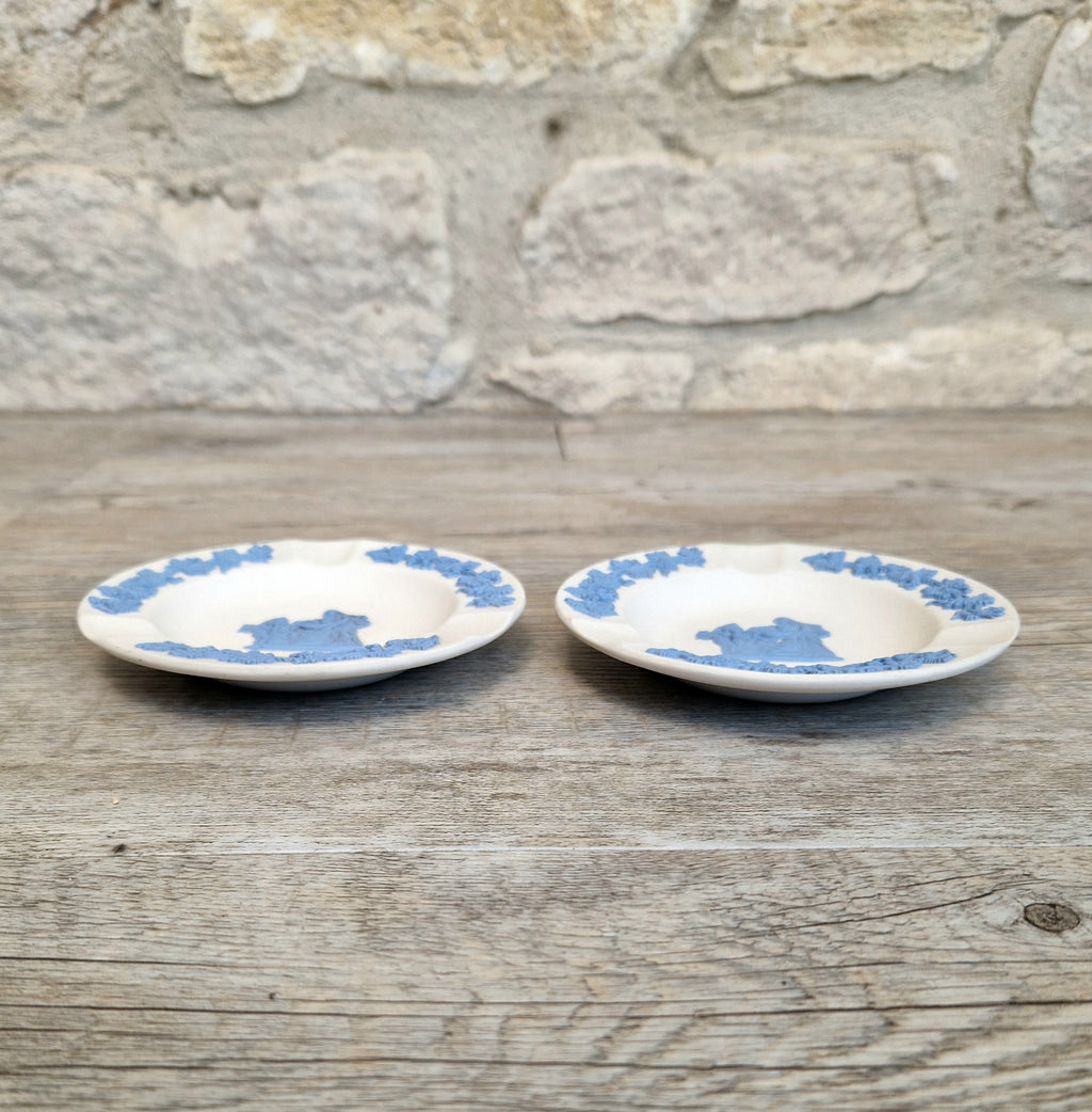 Pair Wedgwood Reverse Blue on White Jasperware Neo-Classical Pin Tray Ashtrays Vintage