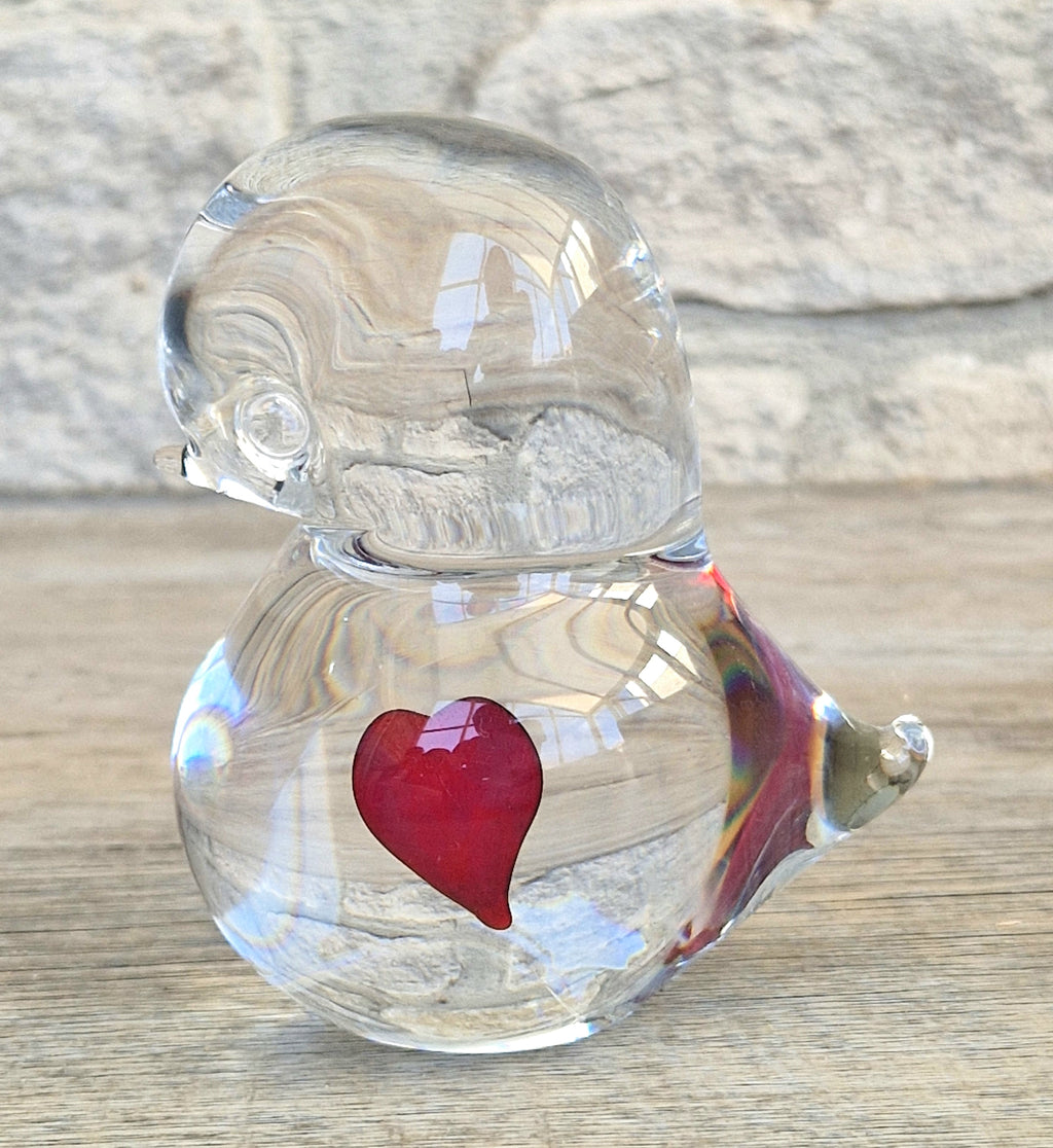 Art Glass Stylised Duckling Shaped Clear Glass With Embedded Red Heart Paperweight Ornament