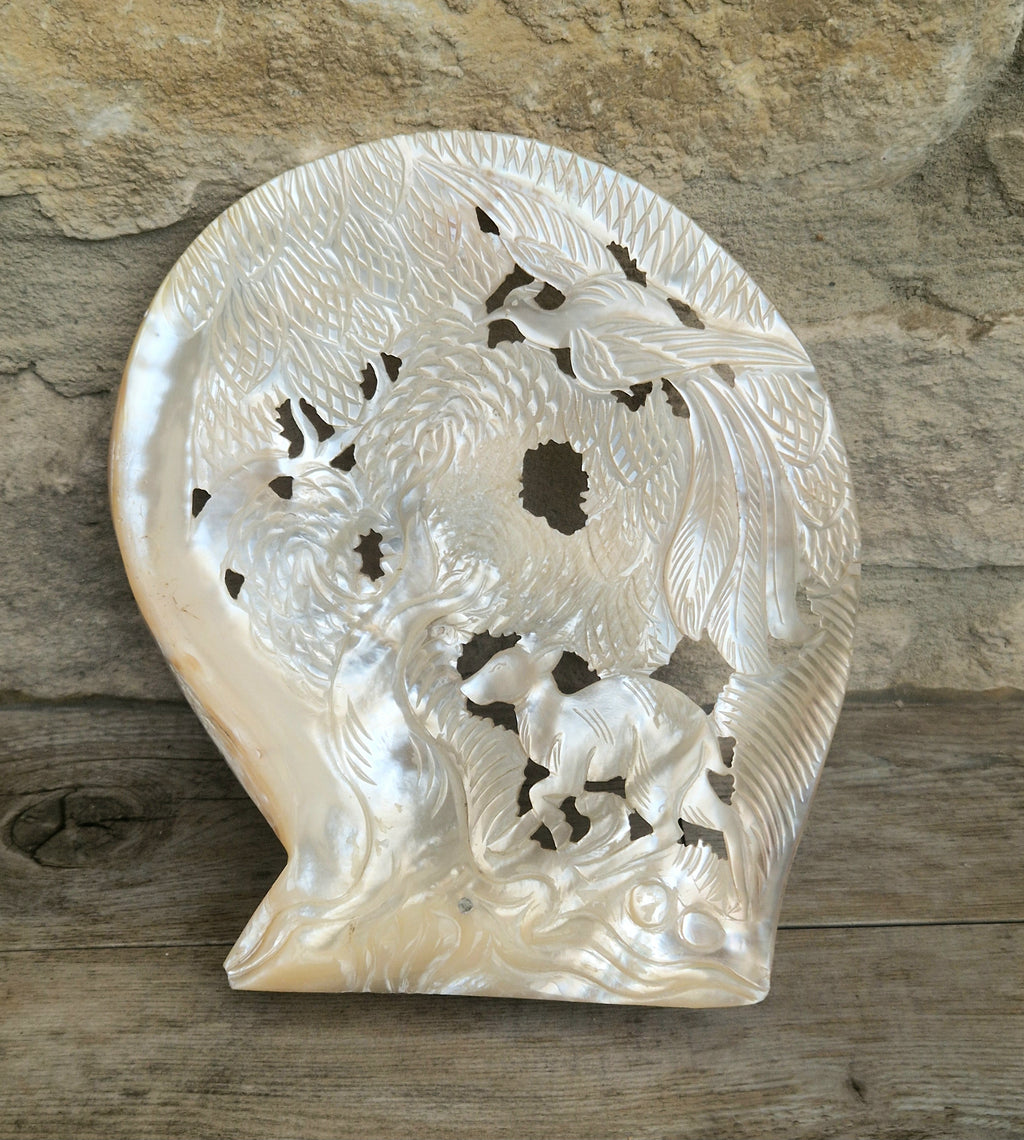 Vintage Chinese Carved Large Mother Of Pearl Shell Animal Birds Forest Scene