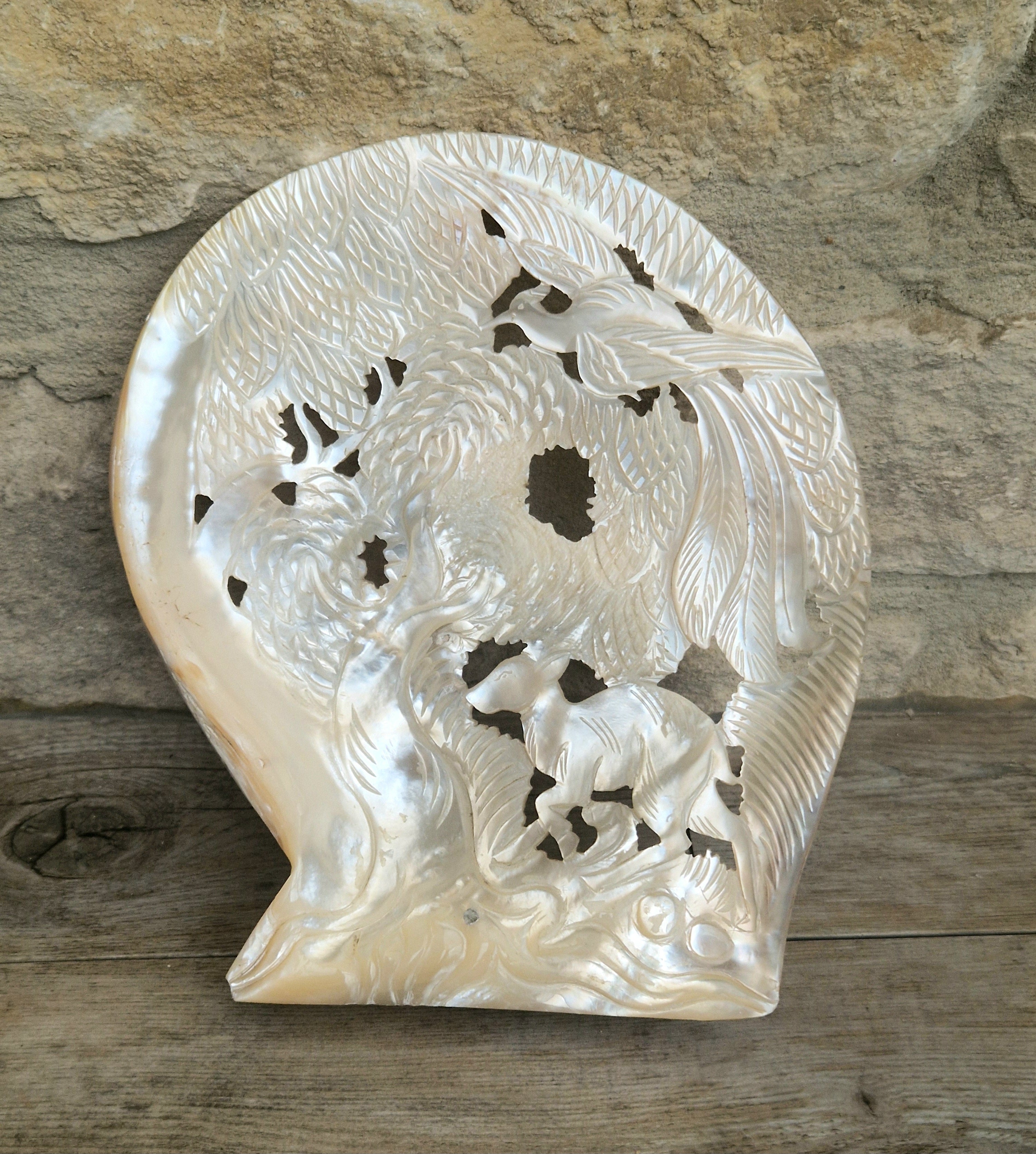 Vintage Chinese Carved Large Mother Of Pearl Shell Animal Birds Forest Scene