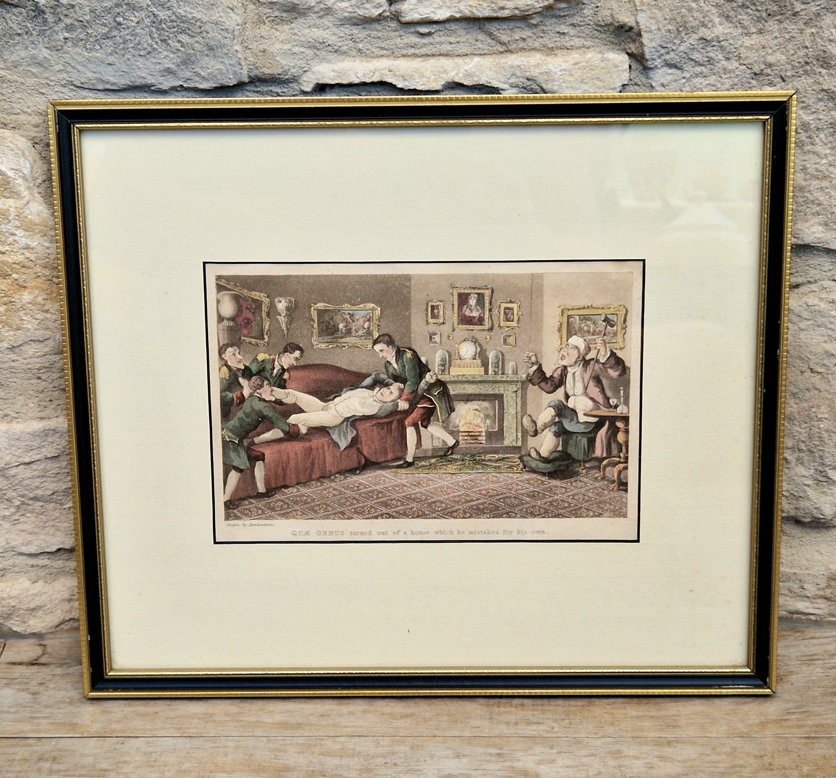 Thomas Rowlandson Lithograph Print 'Quae Genus turned out of a house which he mistakes for his own' Framed Wall Art