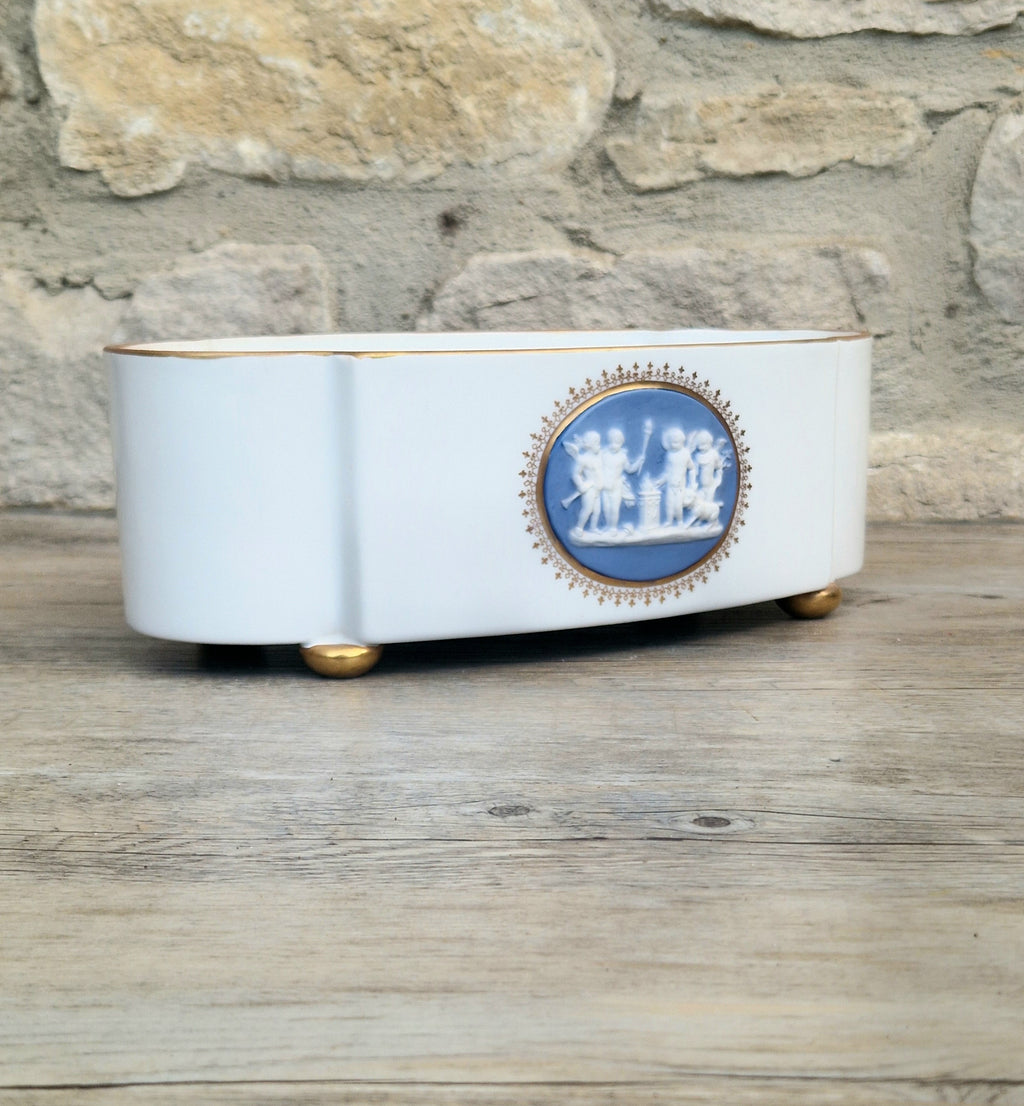 Vintage Vista Alegre Footed Centerpiece, White and Gold Porcelain Scalloped Planter Bowl Blue Jasperware Cherub Cameo