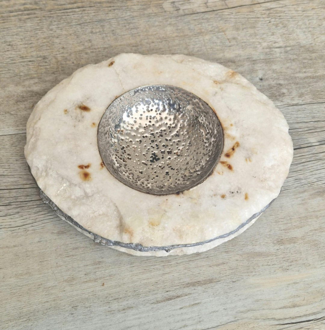 Alabaster & White Metal Vide Poche Catch-All Bowl Handmade Vintage