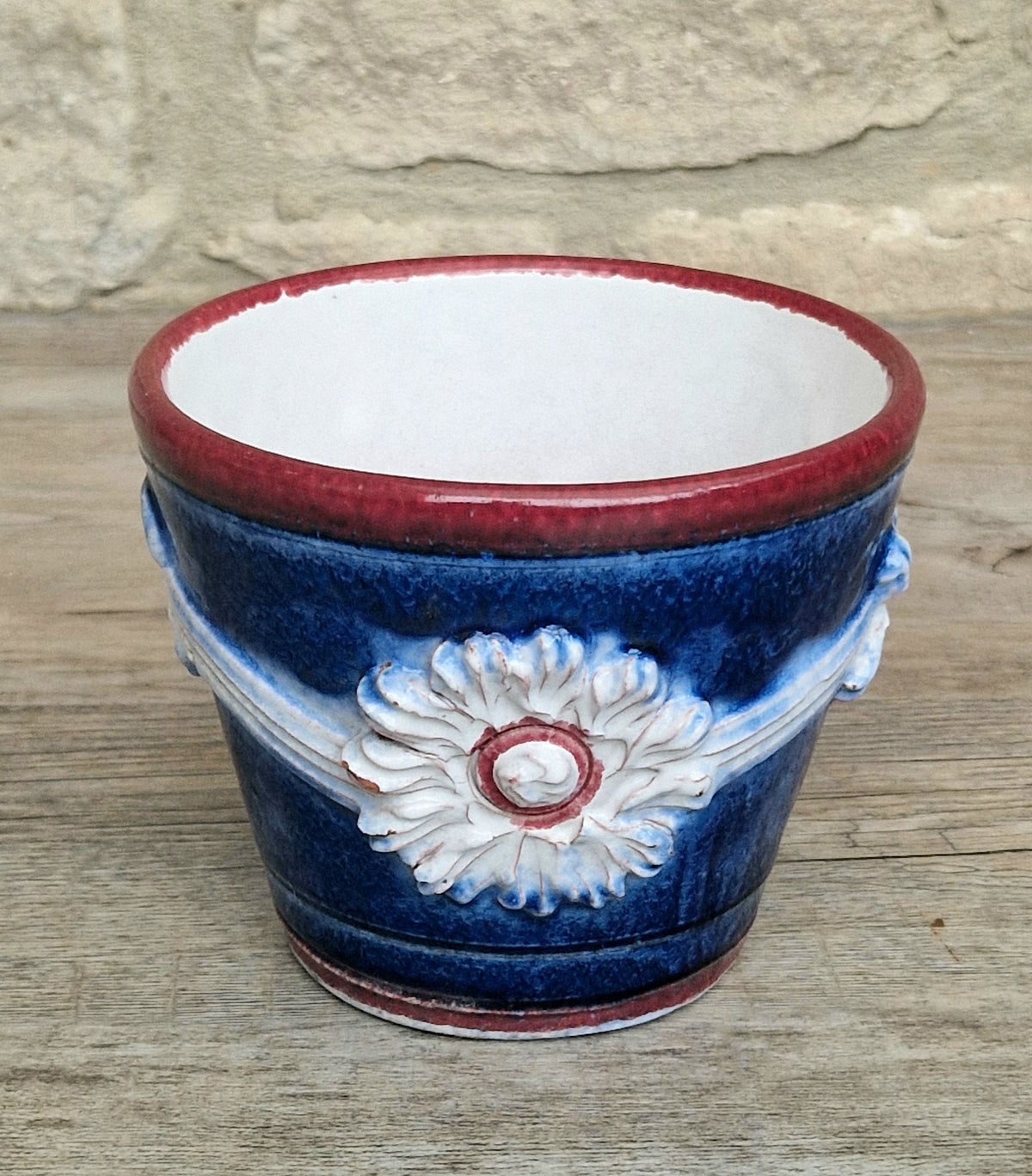 Italian Majolica Ceramic Blue & Red Floral Planter Vase Vintage