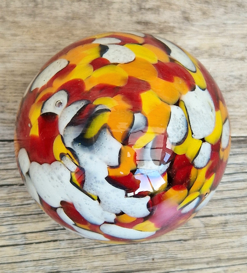 Vintage Orange, Red & White Speckled Mdina Art Glass Ball Paperweight Signed