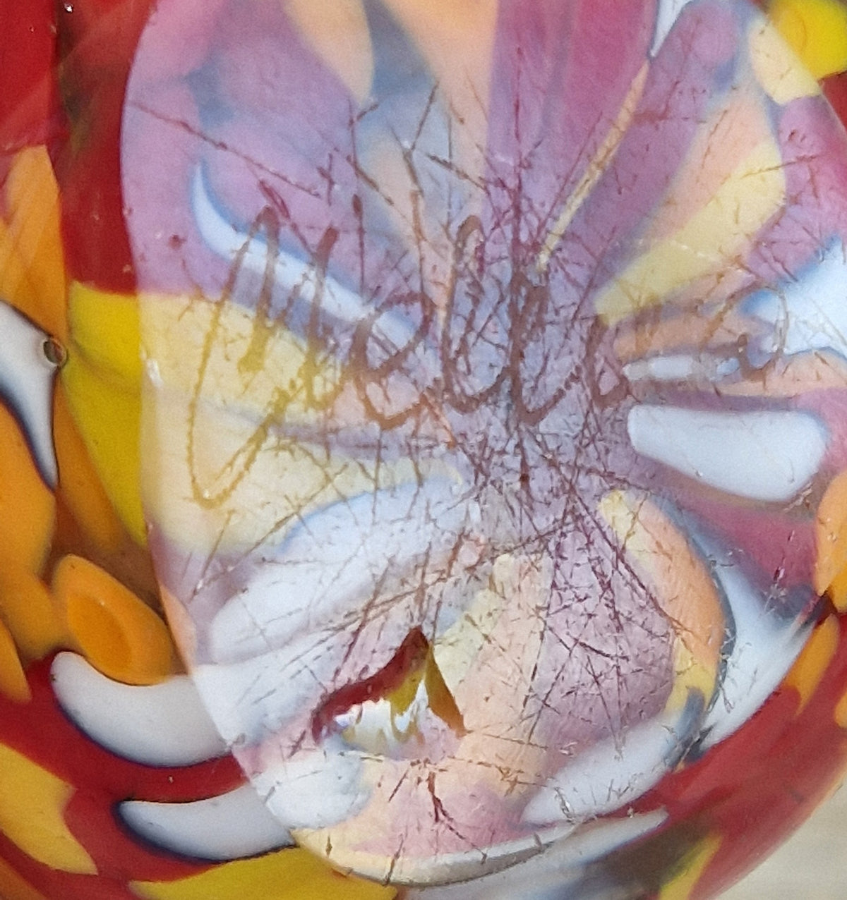 Vintage Orange, Red & White Speckled Mdina Art Glass Ball Paperweight Signed