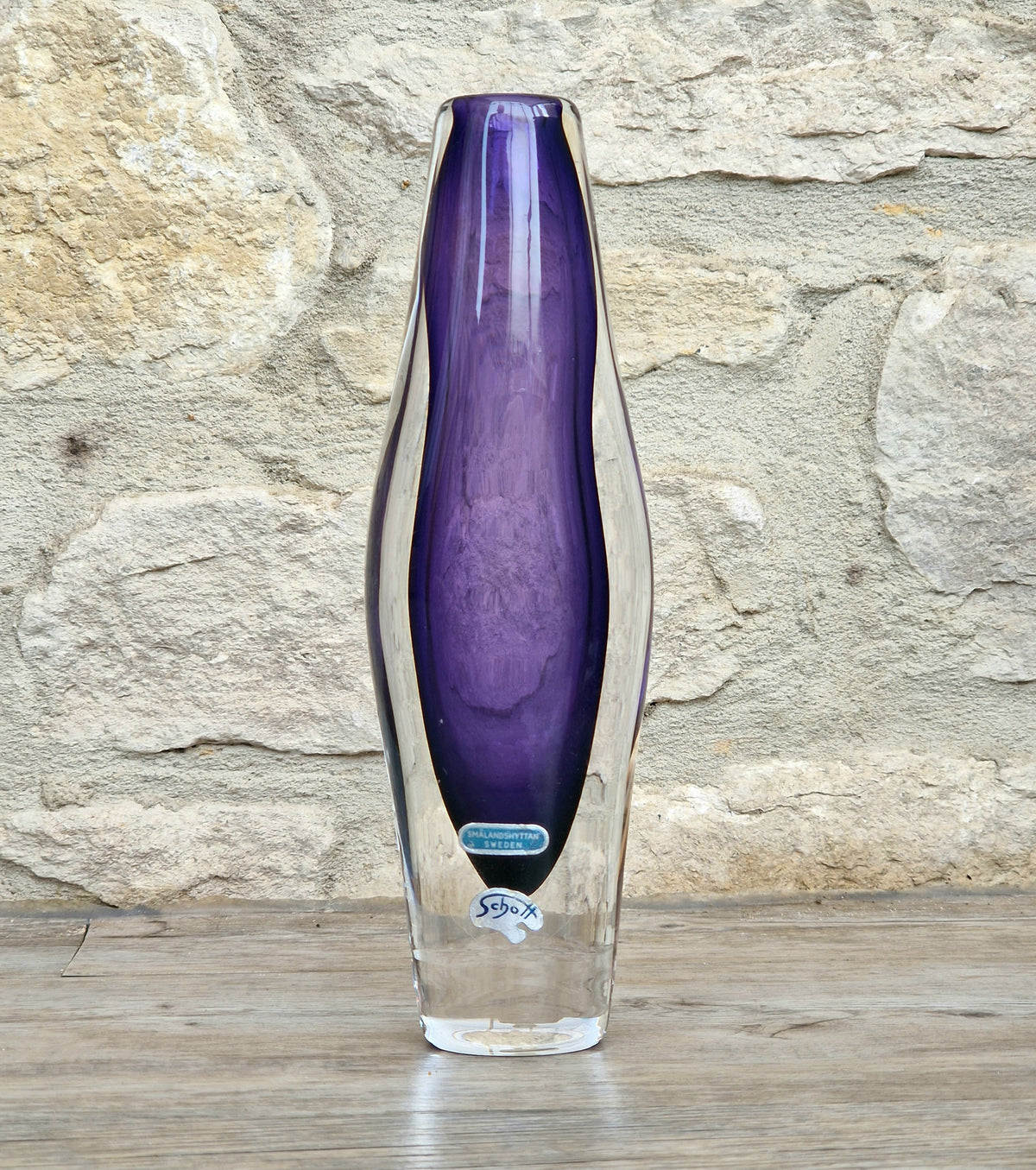 Vintage Smålandshyttan Sweden Amethyst Glass Vase Josef Schott Double Label Mid Century 20cm