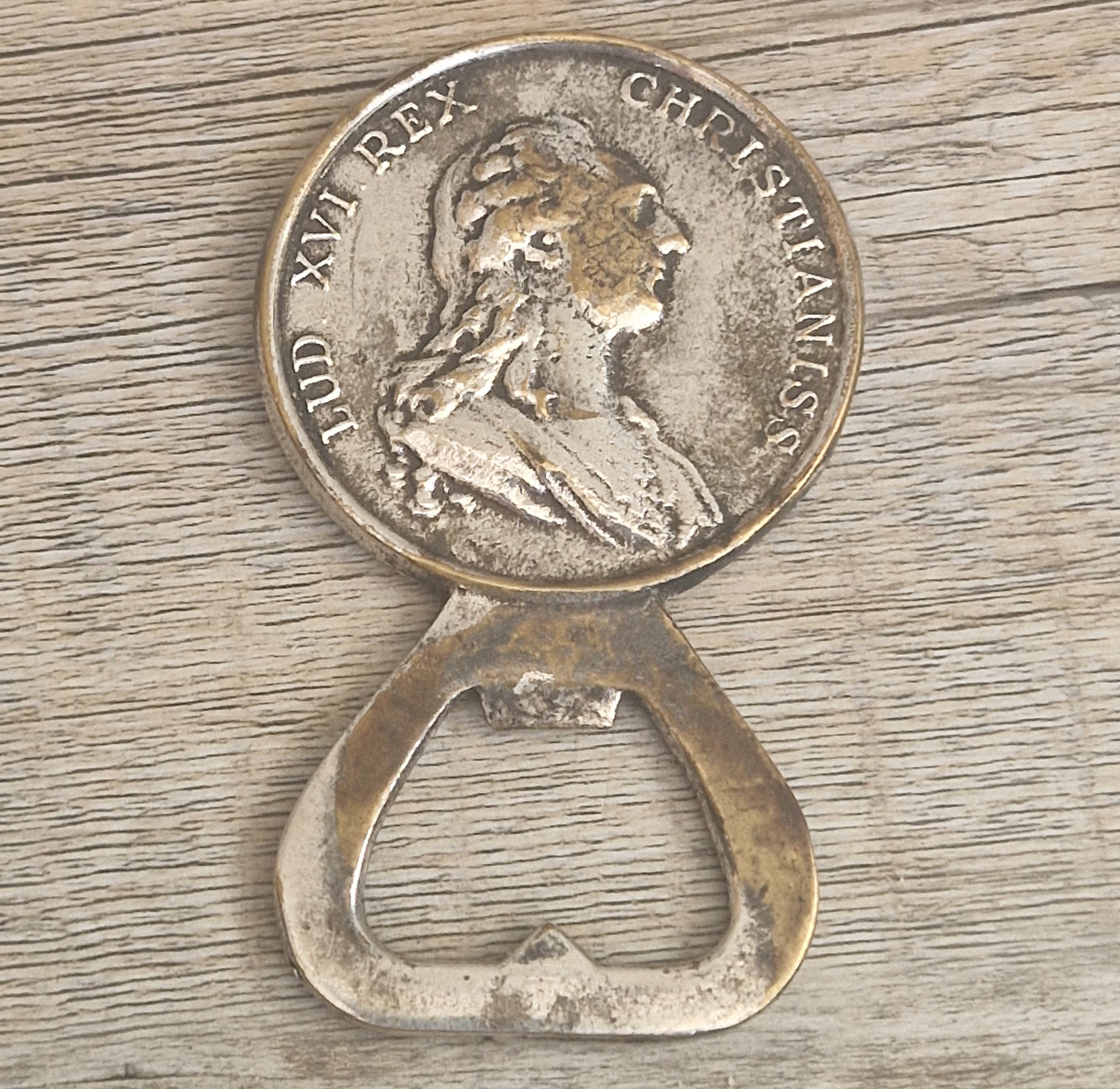 Vintage Silver Plated Brass Louis XVI Marie Antoinette Coin Bottle Opener 8.1cm