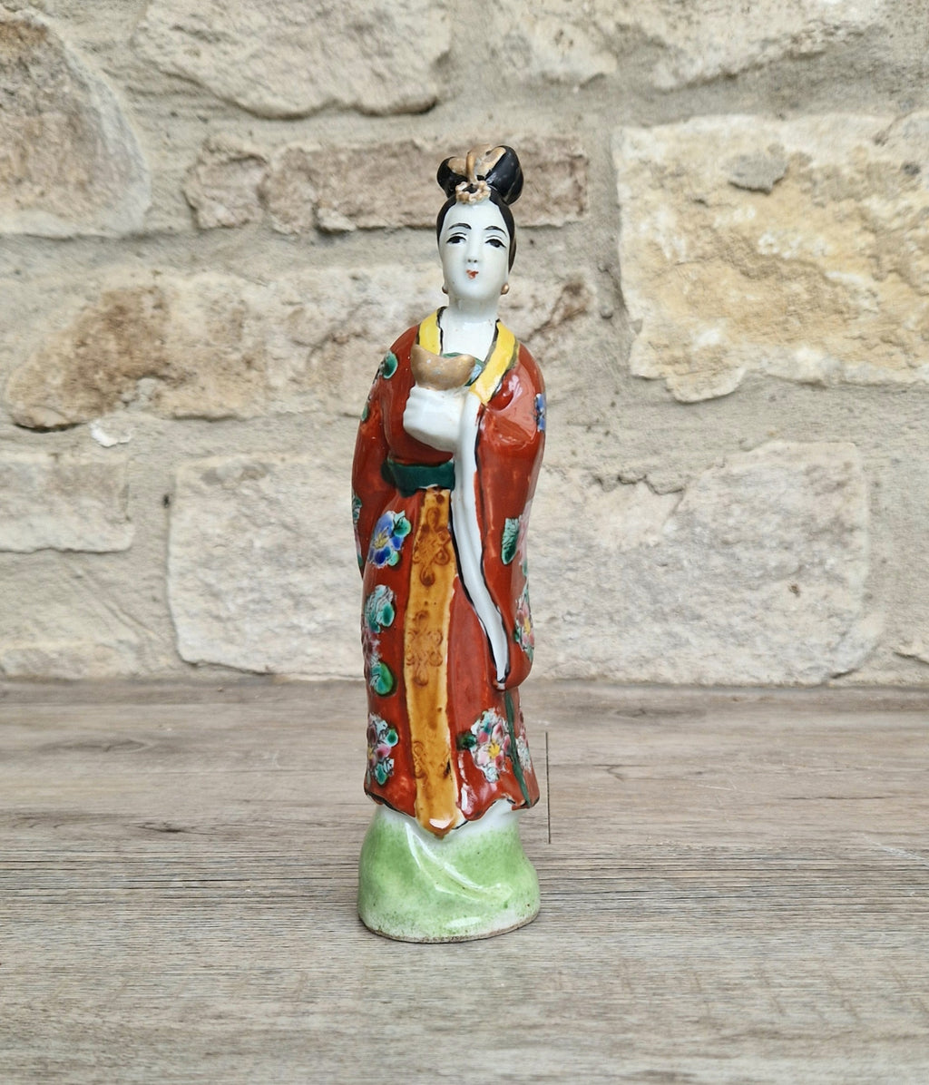 Antique Chinese Qing Hand-Painted Porcelain Figurine Statue Ho Hsien-Ku Daoist Immortal Maiden