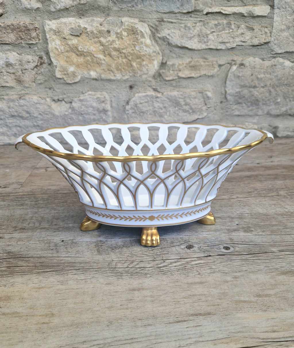 Large Vista Alegre Reticulated White & Gold Ceramic Basket Fruit Bowl Old Paris Style