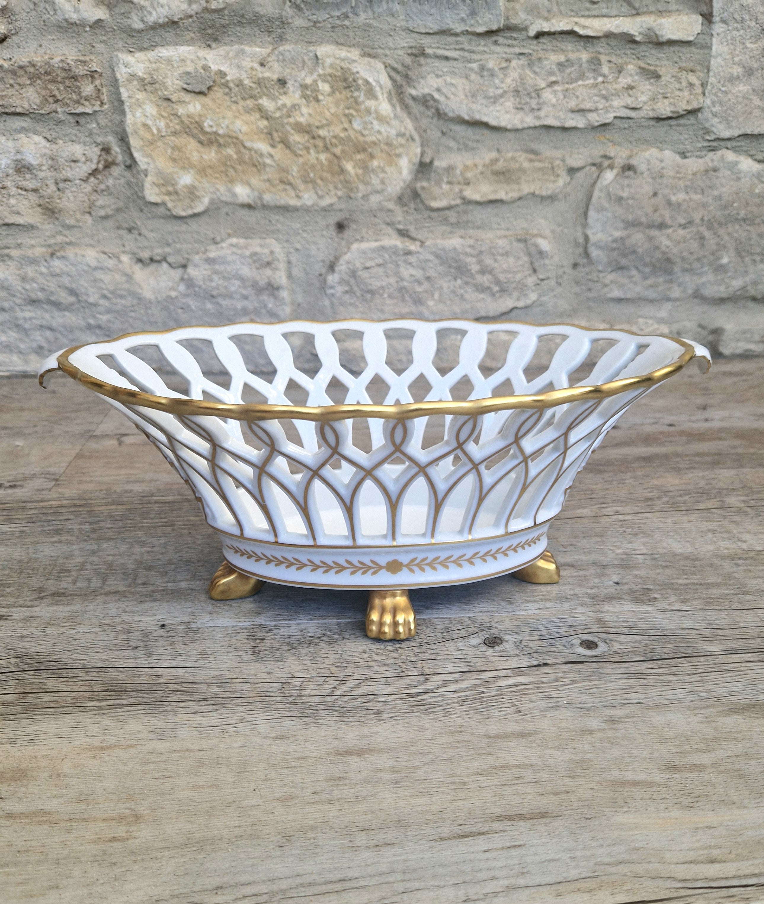 Large Vista Alegre Reticulated White & Gold Ceramic Basket Fruit Bowl Old Paris Style