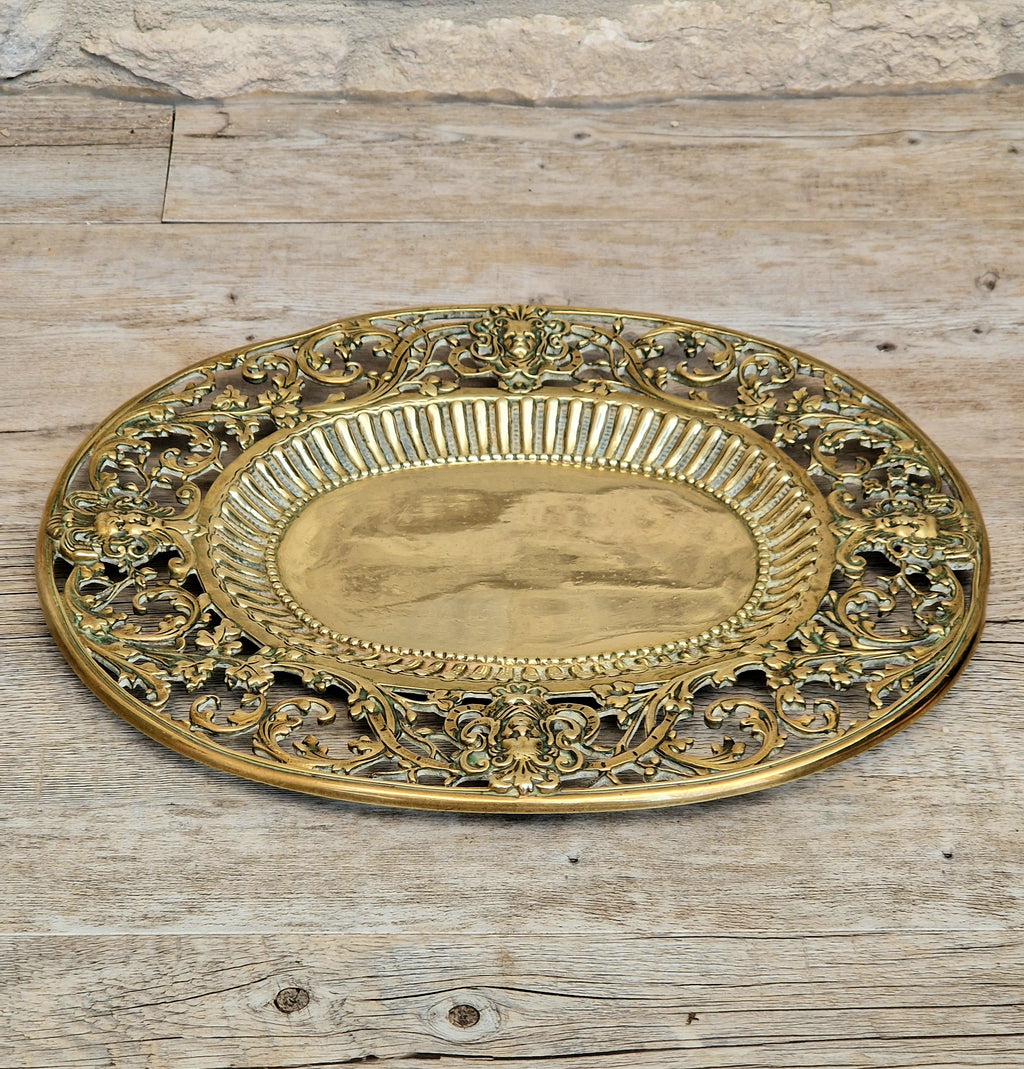 Antique 19thC Baroque Cast Brass Architectural Mount Appliqué Ornate Mascaron Filigree Vanity Card Tray Plate Hand-Tooled Pattern 1018