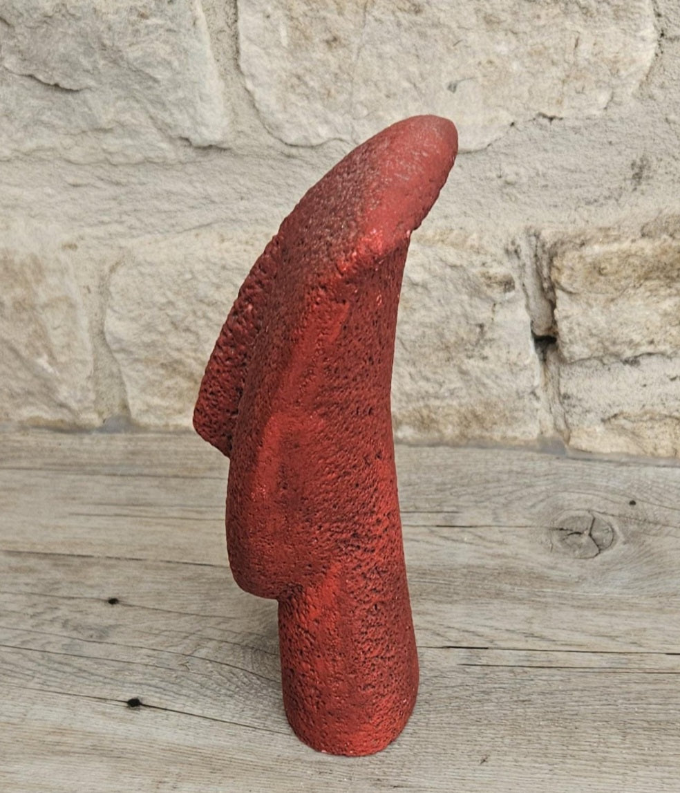 Vintage Red Cycladic Head Sculpture Minimalist Pop Art Textured Resin 18.5cm Tall