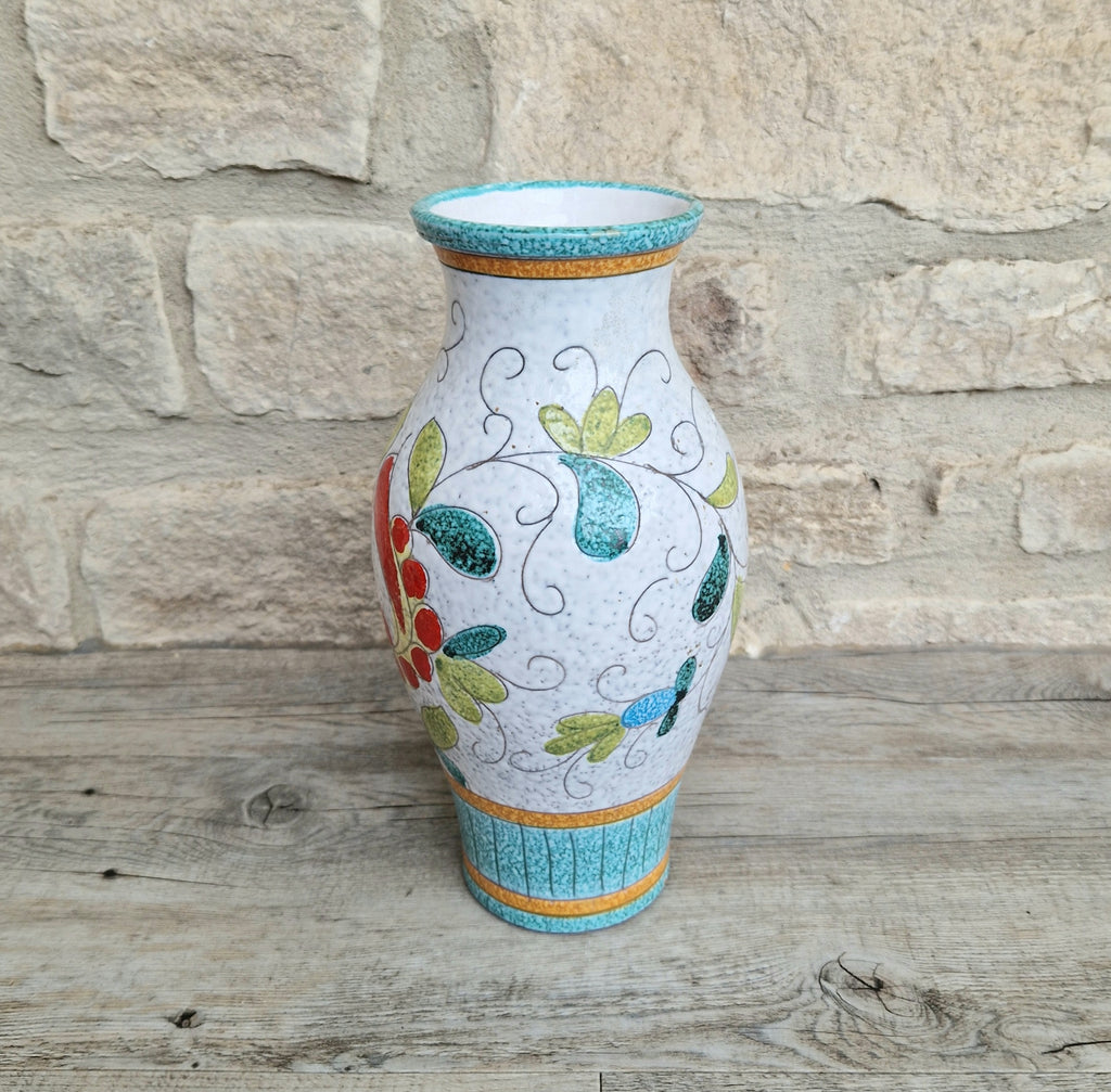 Vintage Large Italian Ceramic Floral Majolica Vase Sgraffito Technique Fratelli Fanciullacci 26cm Tall