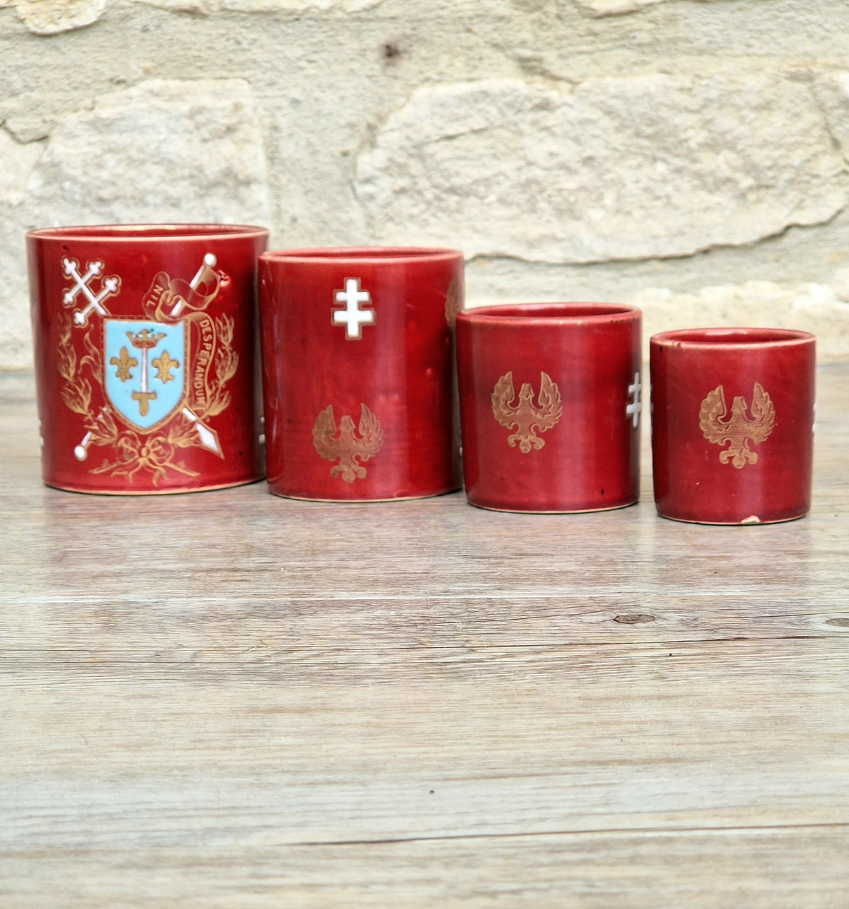 Rare Antique French Lunéville Ceramic Nesting Beakers, Keller & Guérin, Lorraine Heraldry, Nil Desperandum, c.1890 Set