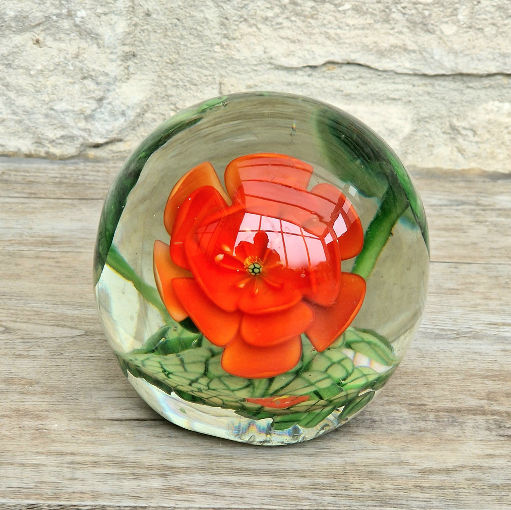 Vintage Giant Magnum Red Flower & Frogs Art Glass Sphere Ball Paperweight 9.5cm 1.4kg