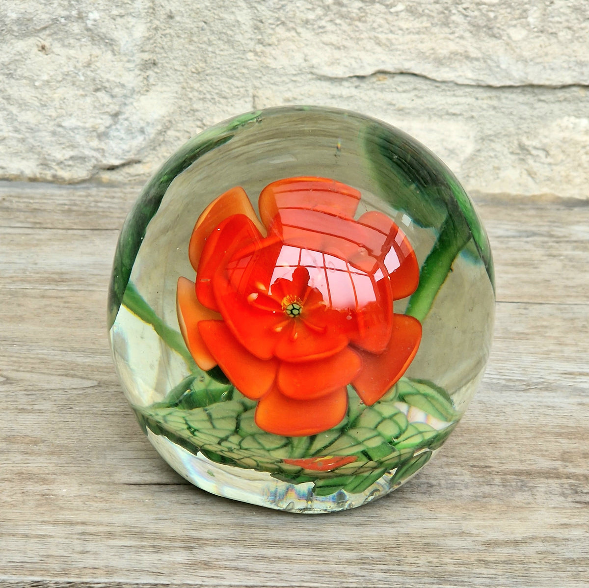 Vintage Giant Magnum Red Flower & Frogs Art Glass Sphere Ball Paperweight 9.5cm 1.4kg