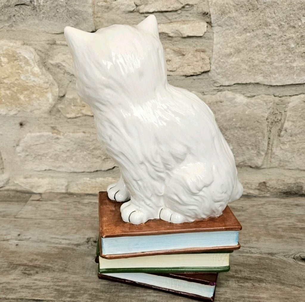Vintage Italian White Cat Figurine Ornament Sitting on Books Ceramic Figure 11.5 lnch Tall