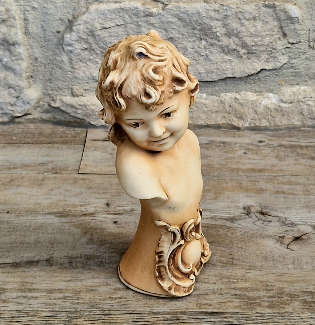 Antique NeoClassical Continental Patinated Bisque Porcelain Putti Child Bust Figure Ornament
