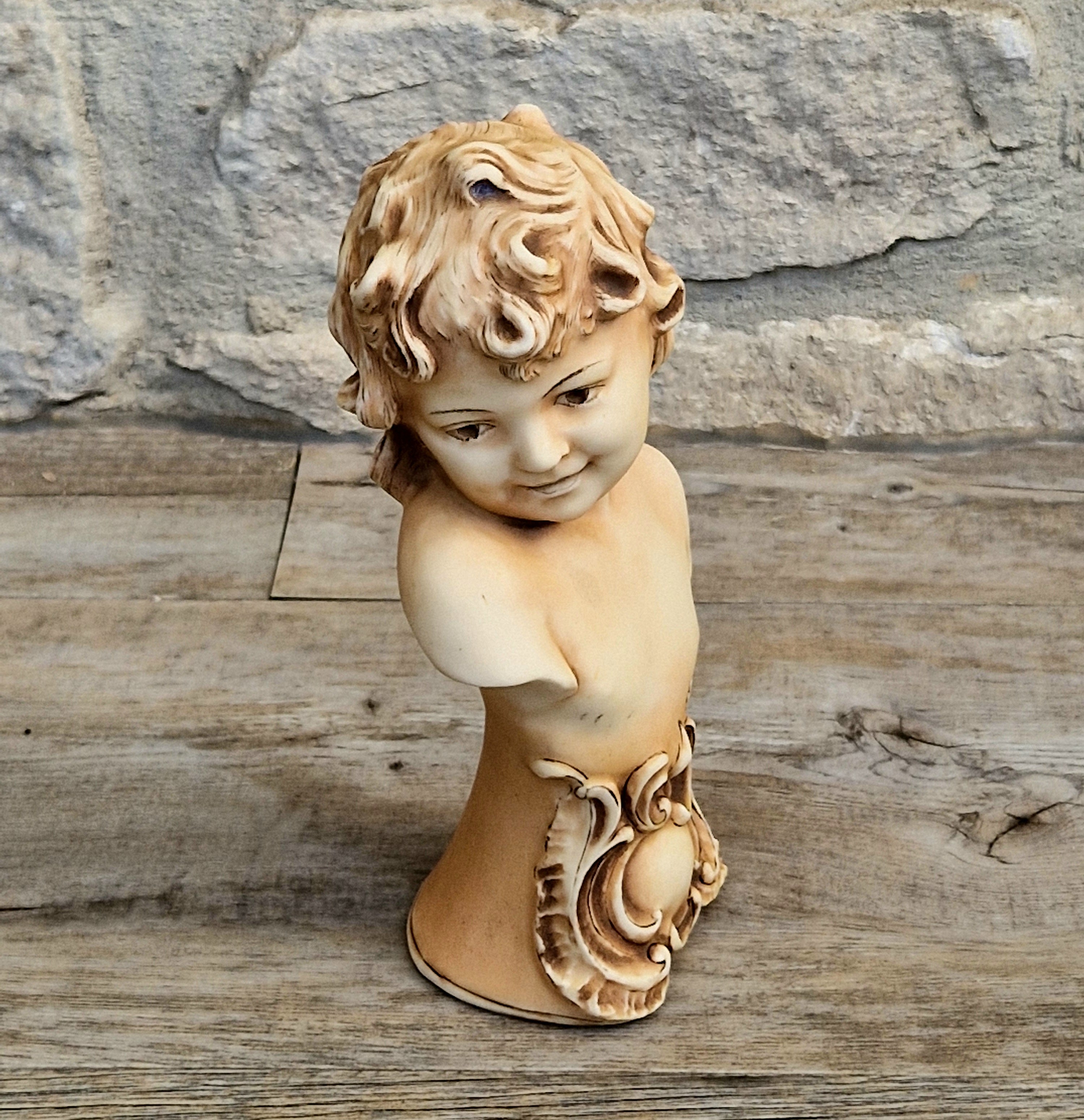 Antique NeoClassical Continental Patinated Bisque Porcelain Putti Child Bust Figure Ornament