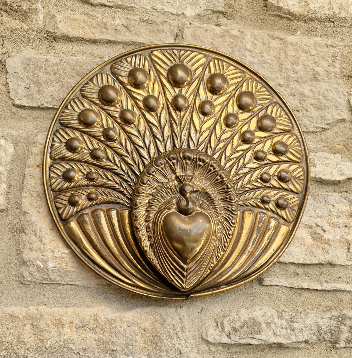 Rare Signed George Johnson Brass Peacock Wall Pocket Plaque 29cm Victorian Arts and Crafts 1880s
