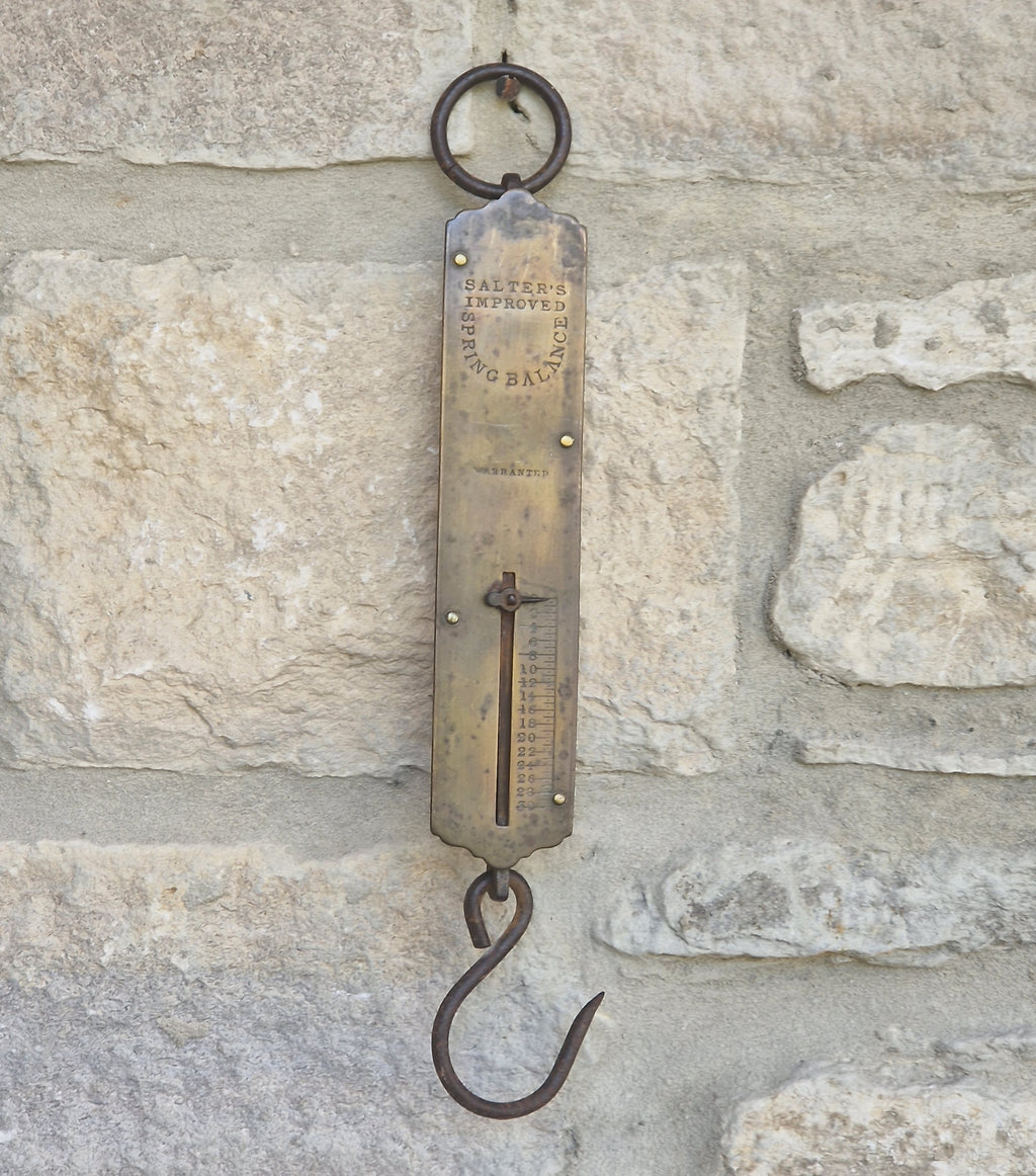 Antique Salter Improved Brass Spring Balance Scale Hanging Pocket Scales 32.5cm Working