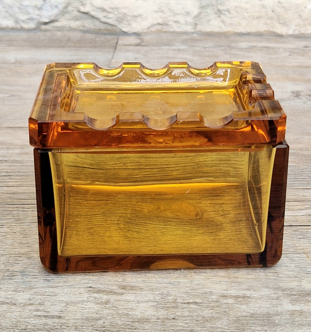 1930s Hienrich Hoffman Amber Intaglio Glass Cupid & Goddess Crenulated Lidded Trinket Box