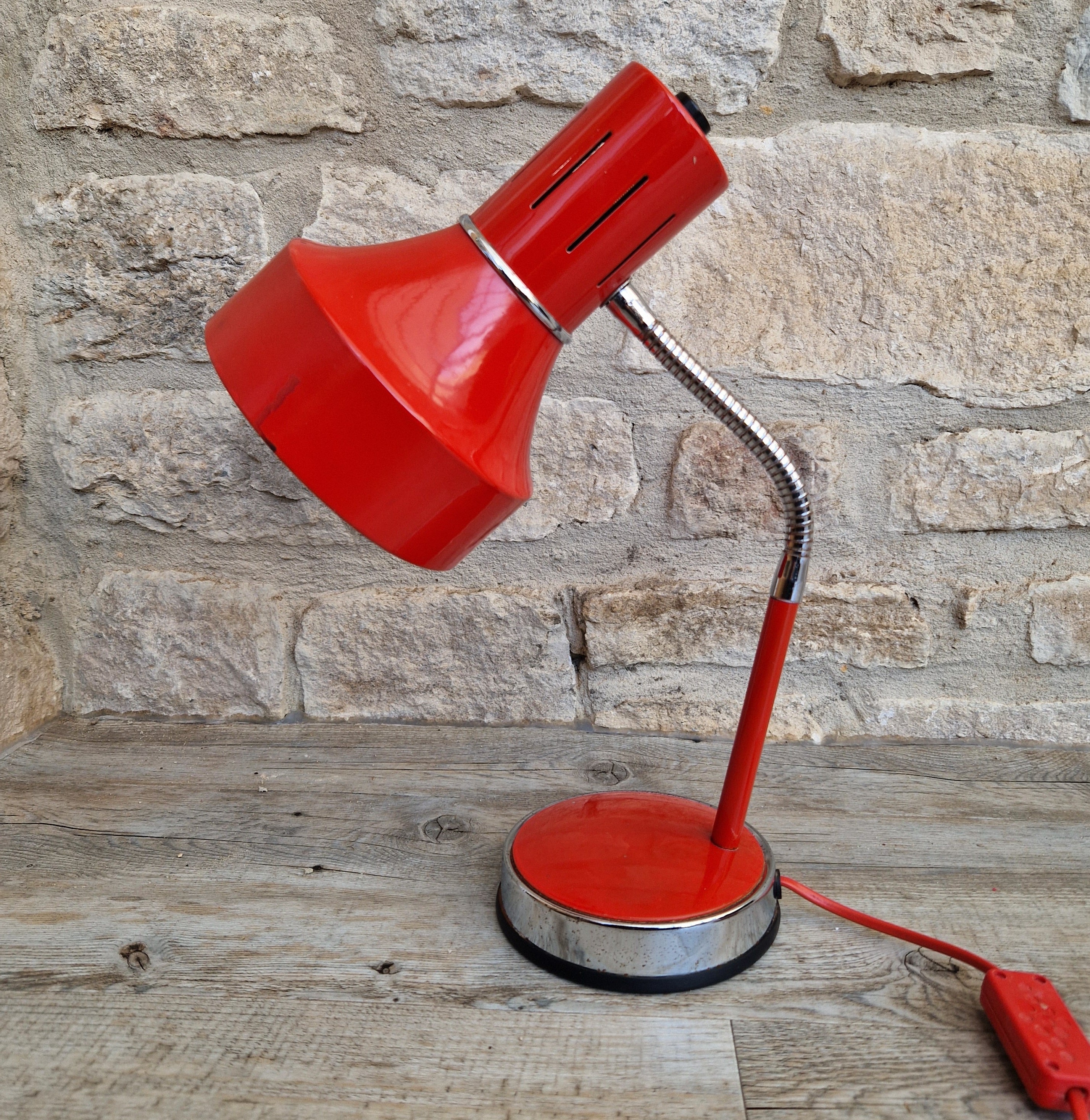 1980s Cherry Red Desk Lamp: Mid Century Space Age Flexible Lamp