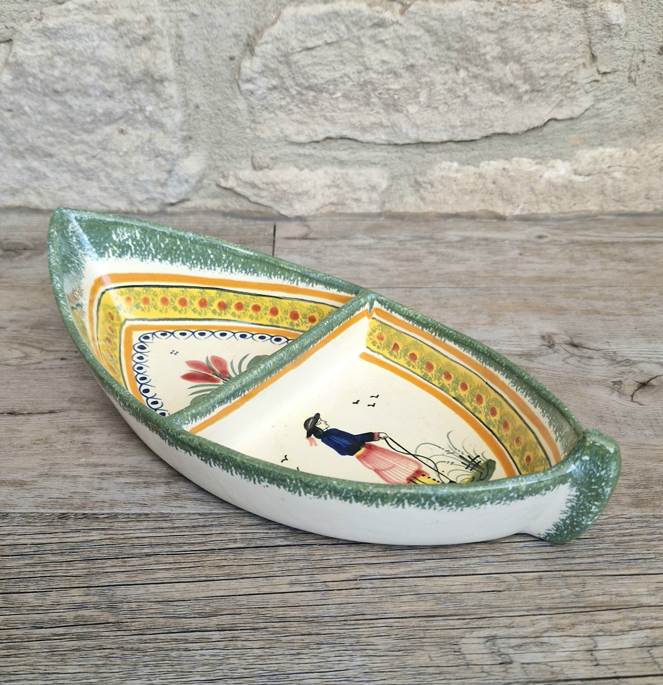 Vintage Henriot Quimper Faience Ceramic Boat Shape Divided Serving Dish