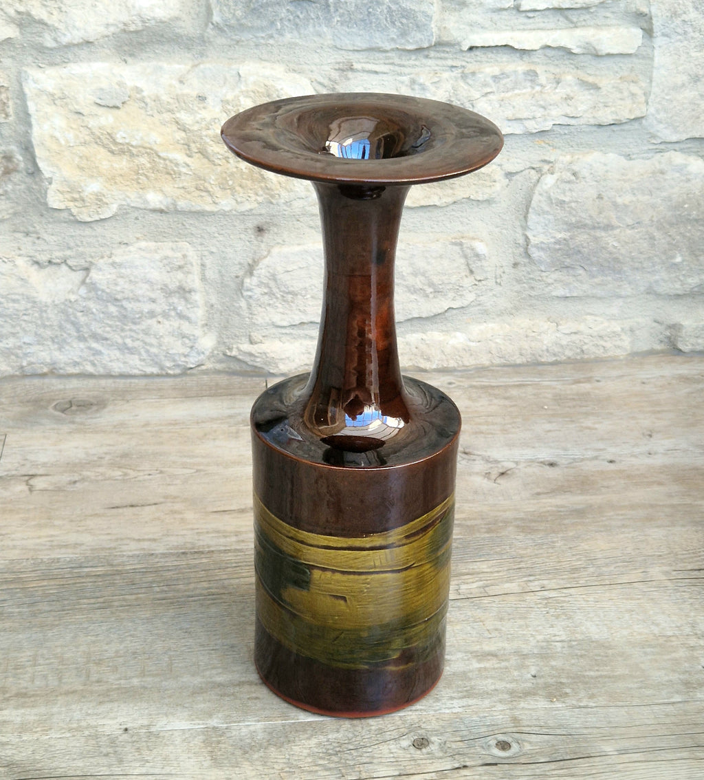 Vintage 1970s Studio Pottery Chalice Vase 32.5cm Terracotta Mid Century Modern Art Glaze