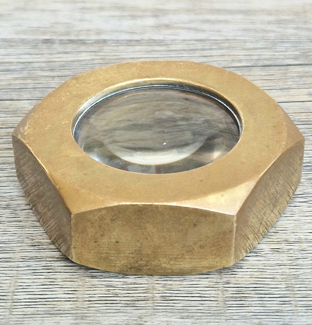 Carl Auböck Brass Hexagon Nut Magnifier Paperweight, Vintage Austria Werkstätte 1950s Desk Accessory, Model 5071 Authentic