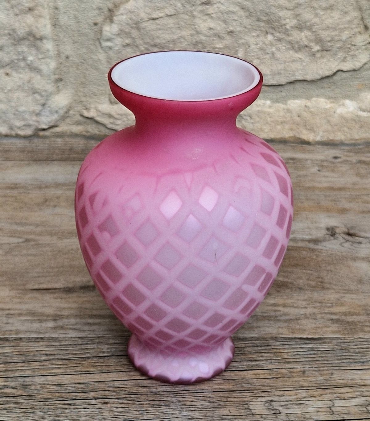 Antique Pink Satin Glass Vase - Victorian Diamond Quilted Mother of Pearl Art Glass - 19th Century Shaded Cranberry Cabinet Vase, Webb Style