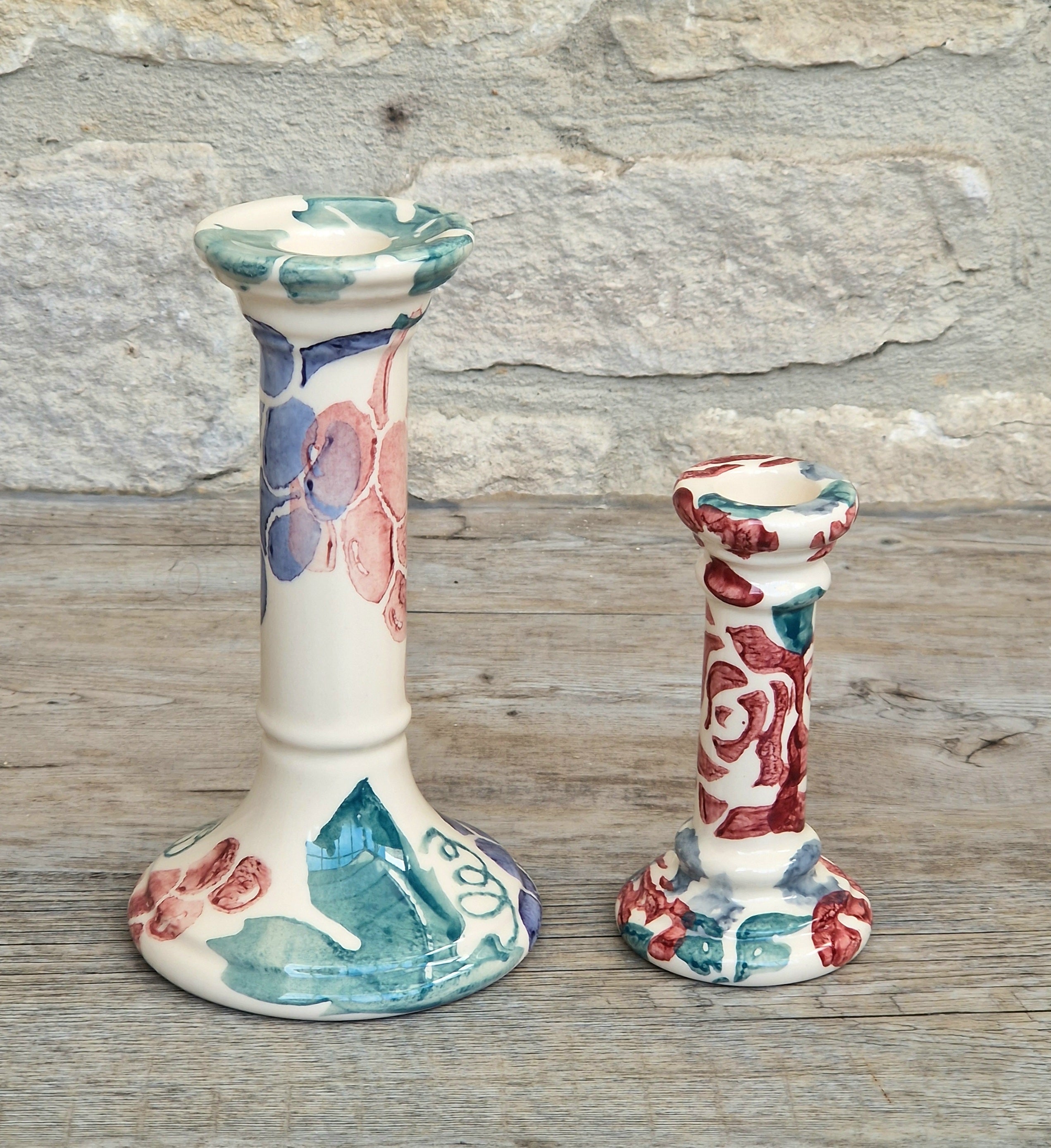 2 x Emma Bridgewater Spongeware Grapes & Roses Candle Sticks Candle Holders Vintage Early