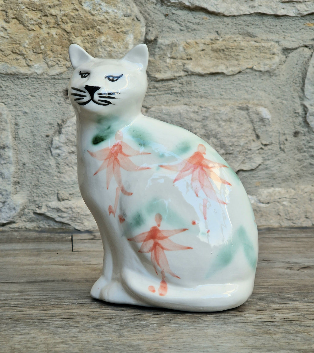 Vintage Moorland Pottery Seated Cat Figurine Hand Painted Fuchsia Floral Staffordshire Art Pottery