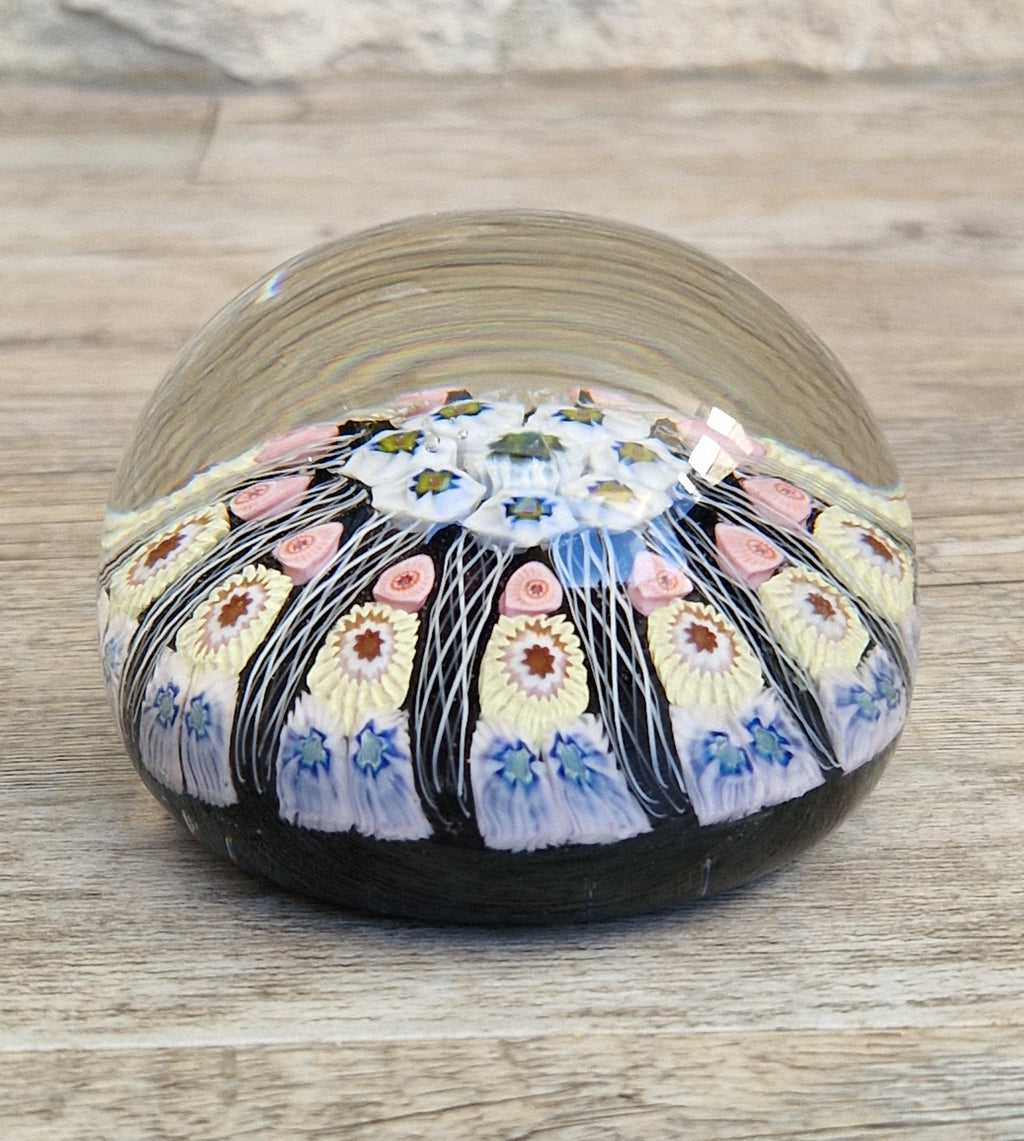 Strathearn Art Glass Paperweight 11 Spoke Millefiori with Filligree on Purple Ground Vintage