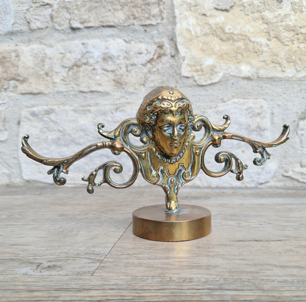 Brass Neo Classical Female Figural Pediment Mounted On Heavy Antique Paperweight