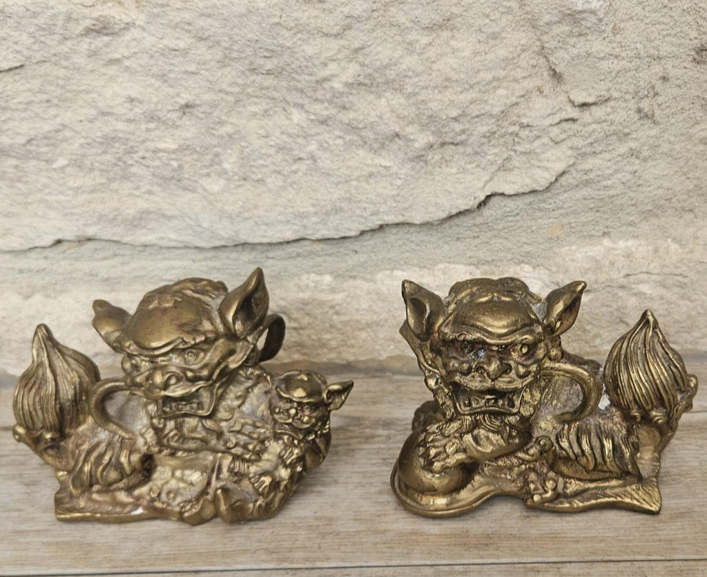Vintage Small Chinese Pair Of Brass Male and Female Shi Shi Foo Dogs Figurines Statues