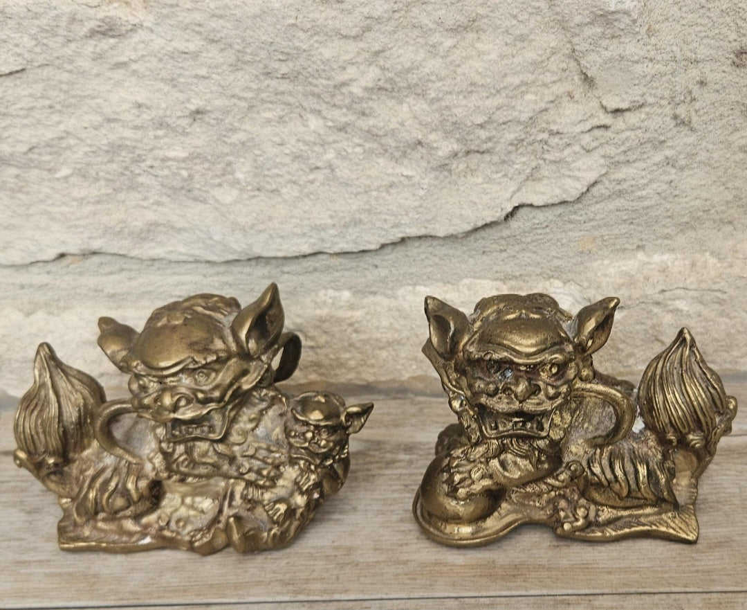 Vintage Small Chinese Pair Of Brass Male and Female Shi Shi Foo Dogs Figurines Statues
