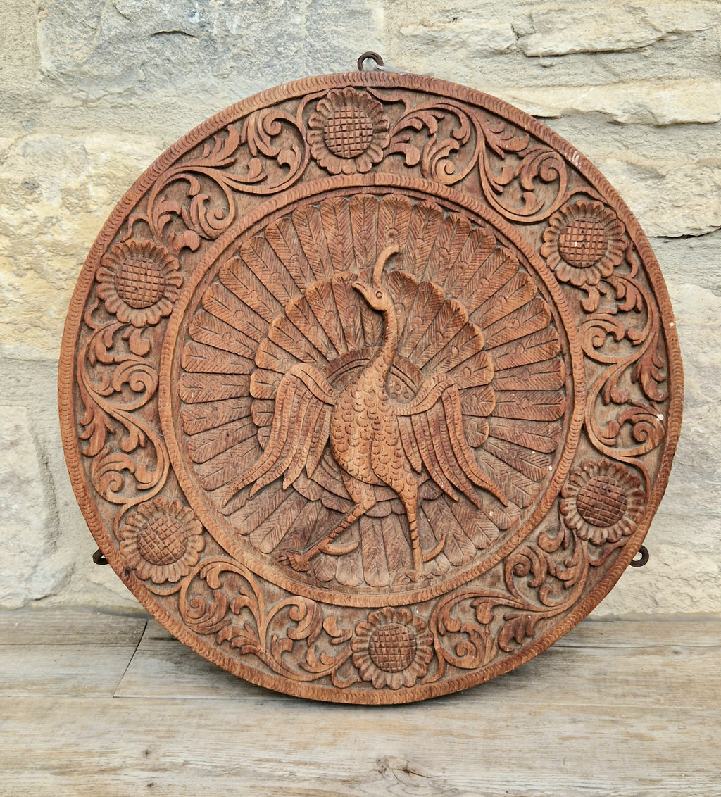 19th c. Colonial Anglo-Indian Hand-Carved Teak Wood Dancing Peacock Disc Panel 30cm