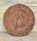 19th c. Colonial Anglo-Indian Hand-Carved Teak Wood Dancing Peacock Disc Panel 30cm