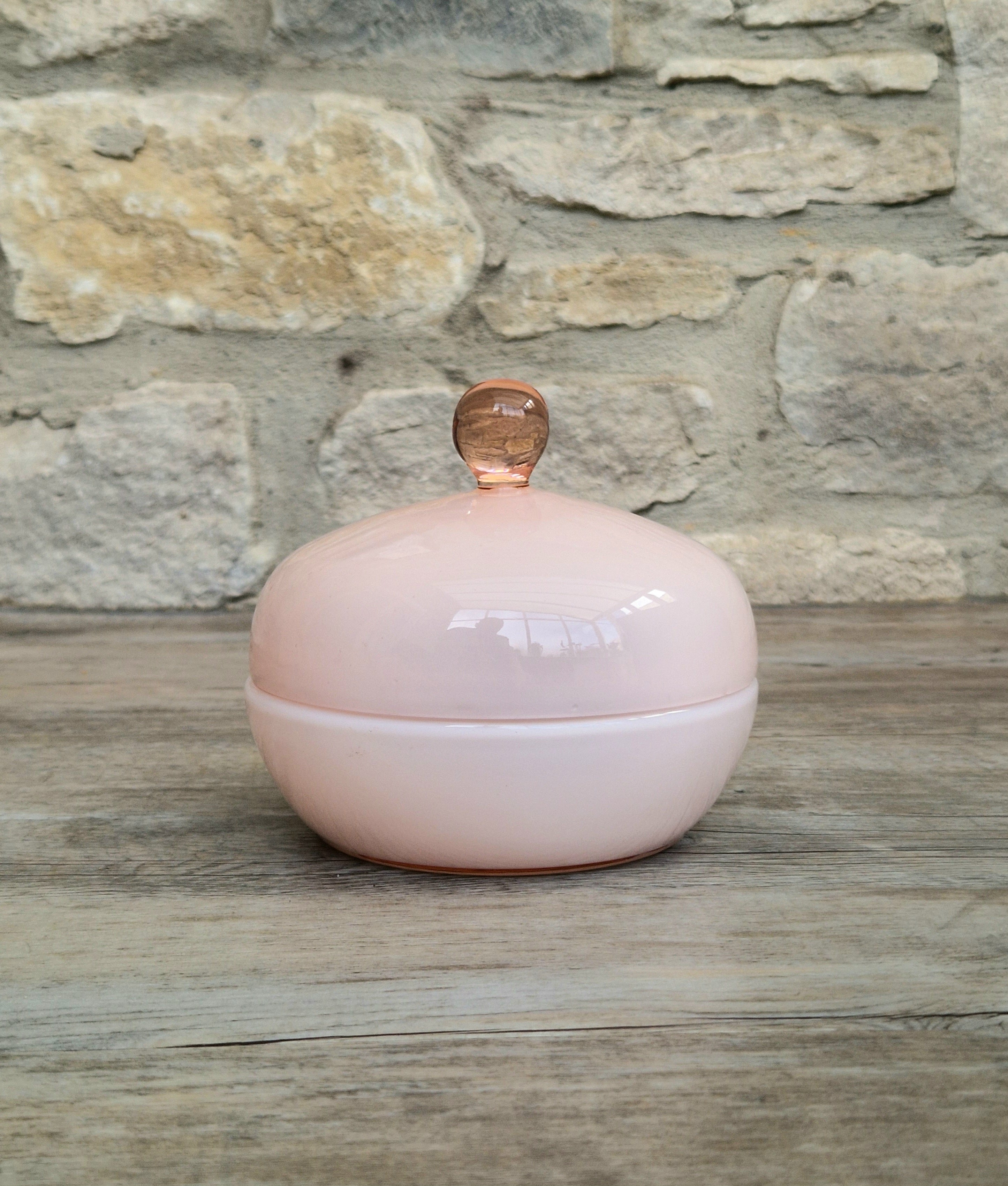 Vintage Large Opaline Pink Glass Lidded Powder Box Trinket Dish Art Deco Decor