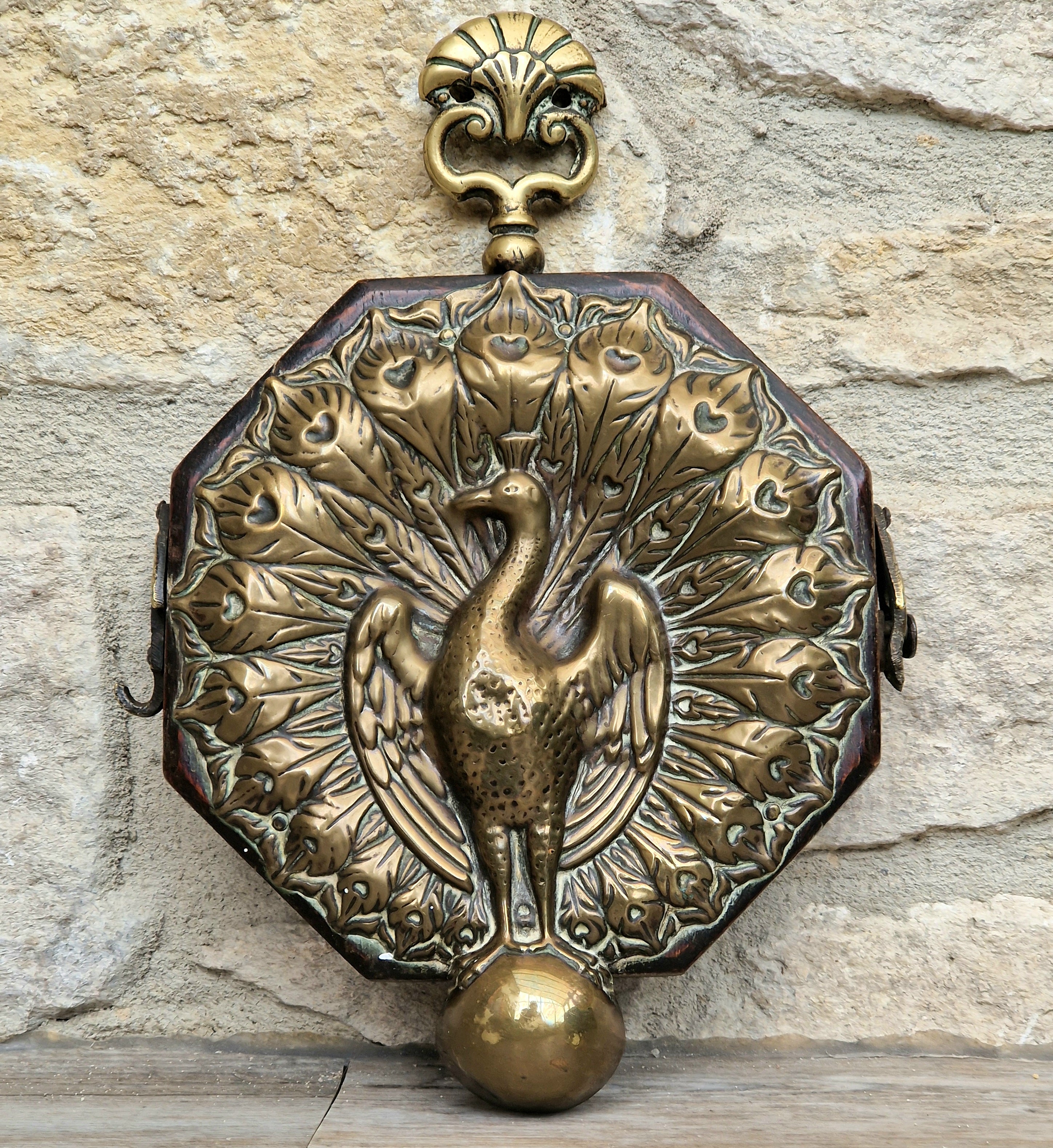 Fine Rare Antique Repousse Brass Peacock Finial English Aesthetic Movement Fumed Oak Decorative Plaque