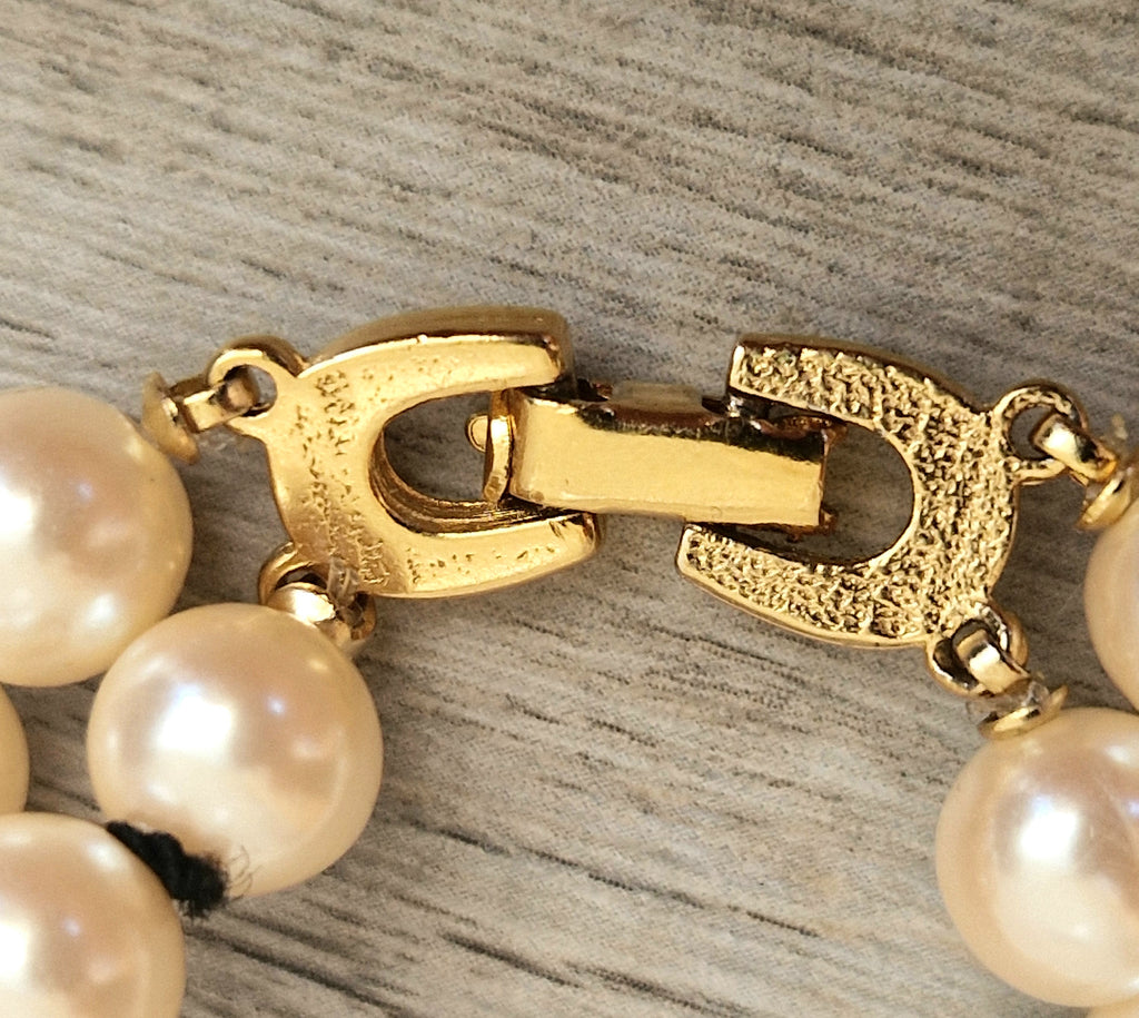 Vintage Double Strand Faux Pearl Necklace with bold gold and red enamel Statement Embellished Richelieu 40cm